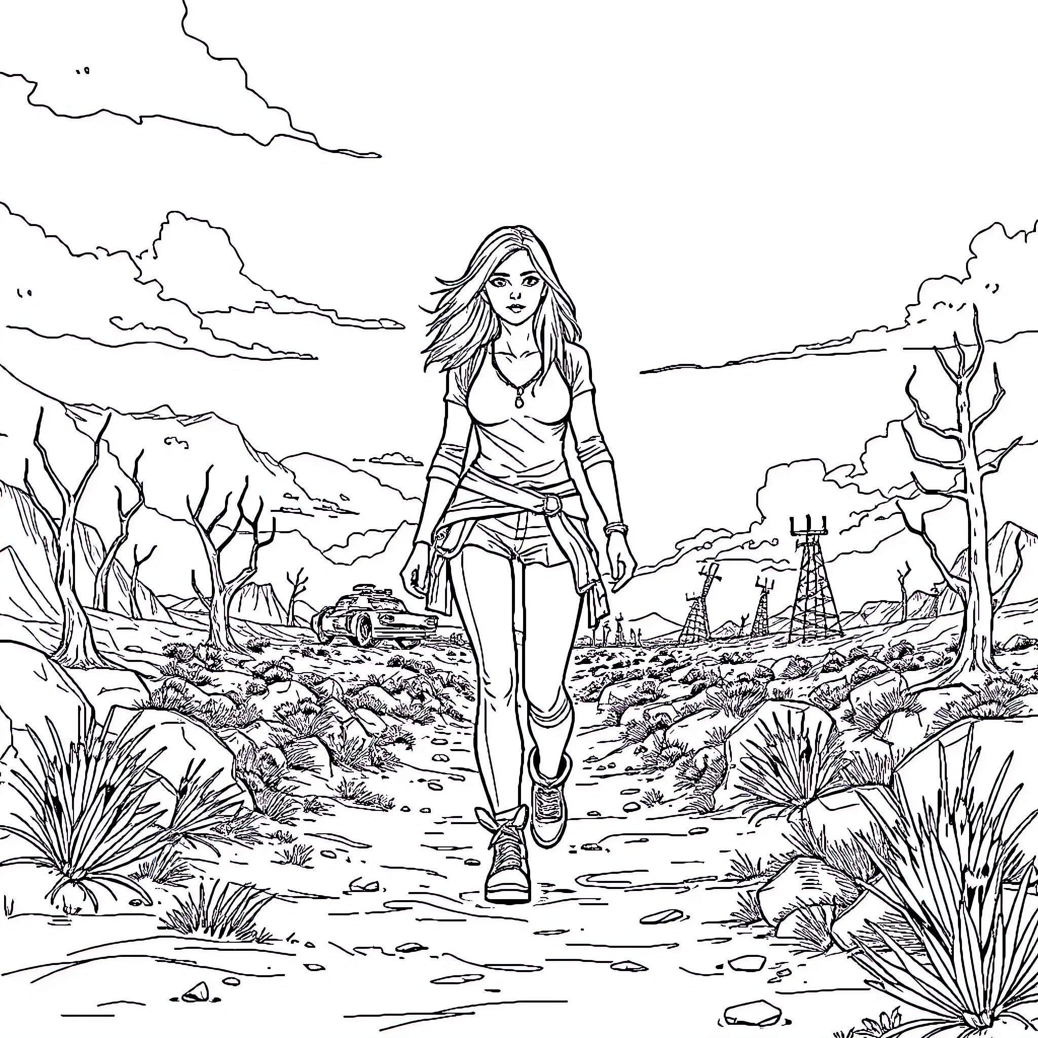 Survivor exploring post-apocalyptic landscape Coloring Page (free black-and-white line drawing printable PDF for all, from beginners to advanced learners, including children, teens, adults, and seniors)