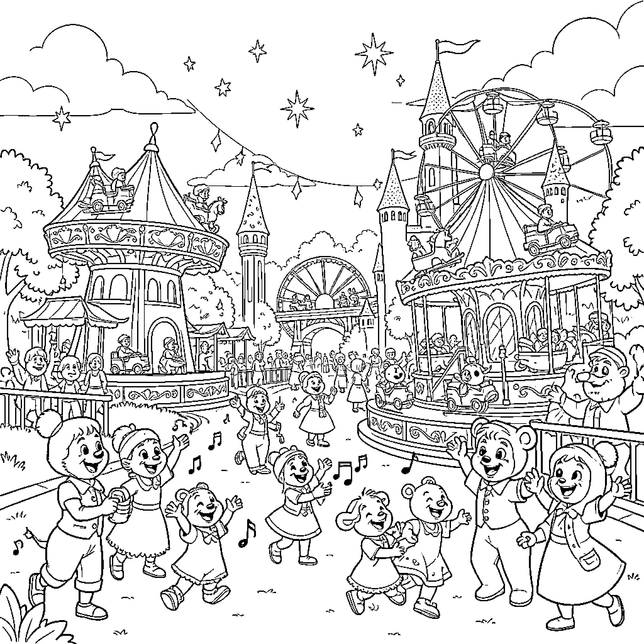 Disney characters celebrating joyfully at a lively amusement park Coloring Page (free black-and-white line drawing printable PDF for all, from beginners to advanced learners, including children, teens, adults, and seniors)