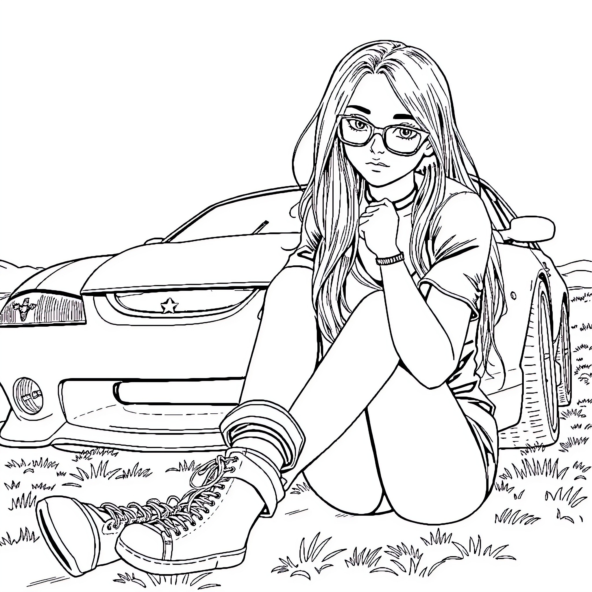 Girl in casual outfit near vintage car Coloring Page (free black-and-white line drawing printable PDF for all, from beginners to advanced learners, including children, teens, adults, and seniors)