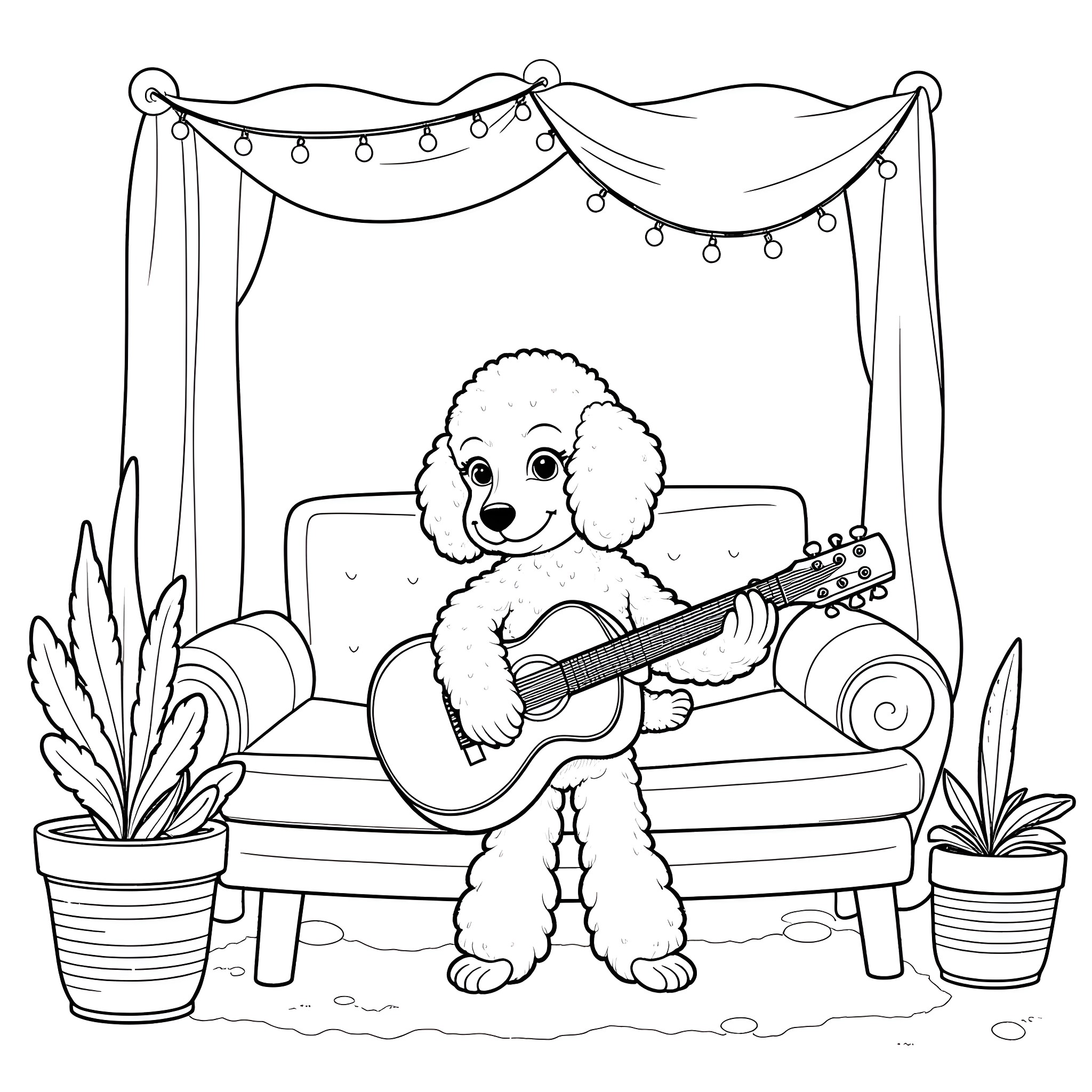 Poodle playing guitar on the couch Coloring Page (free black-and-white line drawing printable PDF for all, from beginners to advanced learners, including children, teens, adults, and seniors)