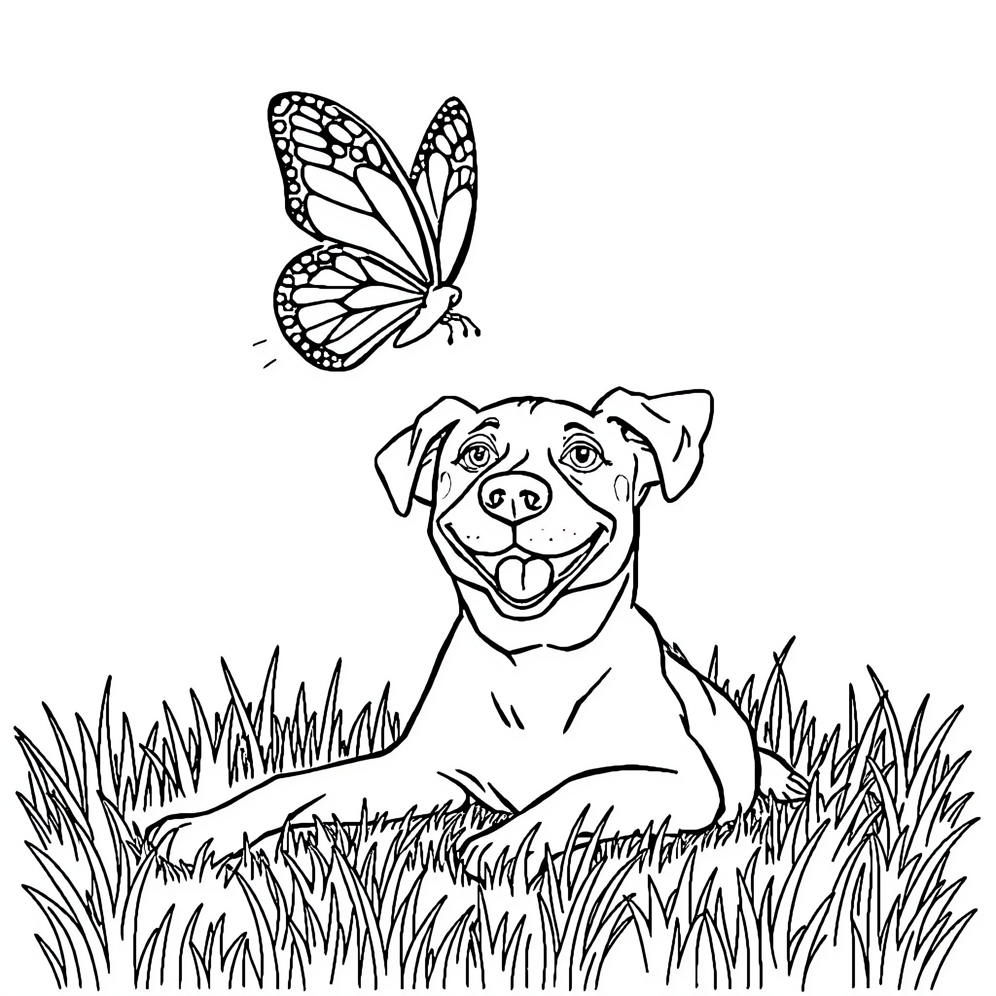 Butterfly playing with a joyful dog in nature Coloring Page (free black-and-white line drawing printable PDF for all, from beginners to advanced learners, including children, teens, adults, and seniors)