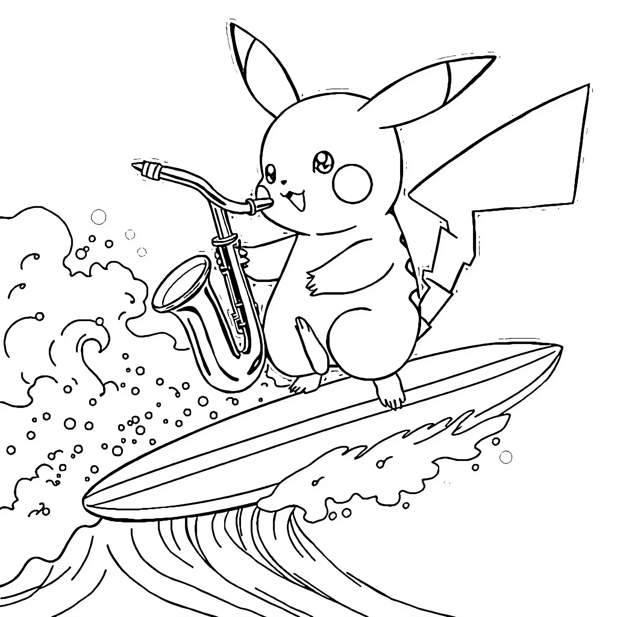Pikachu surfing and playing saxophone Coloring Page (free black-and-white line drawing printable PDF for all, from beginners to advanced learners, including children, teens, adults, and seniors)