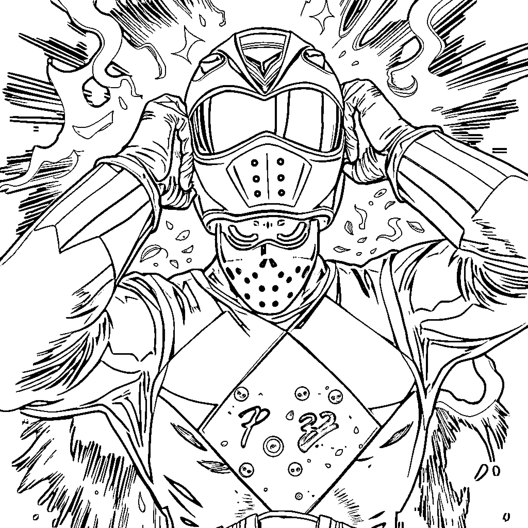 Power Ranger in Dramatic Action Pose Coloring Page (free black-and-white line drawing printable PDF for all, from beginners to advanced learners, including children, teens, adults, and seniors)