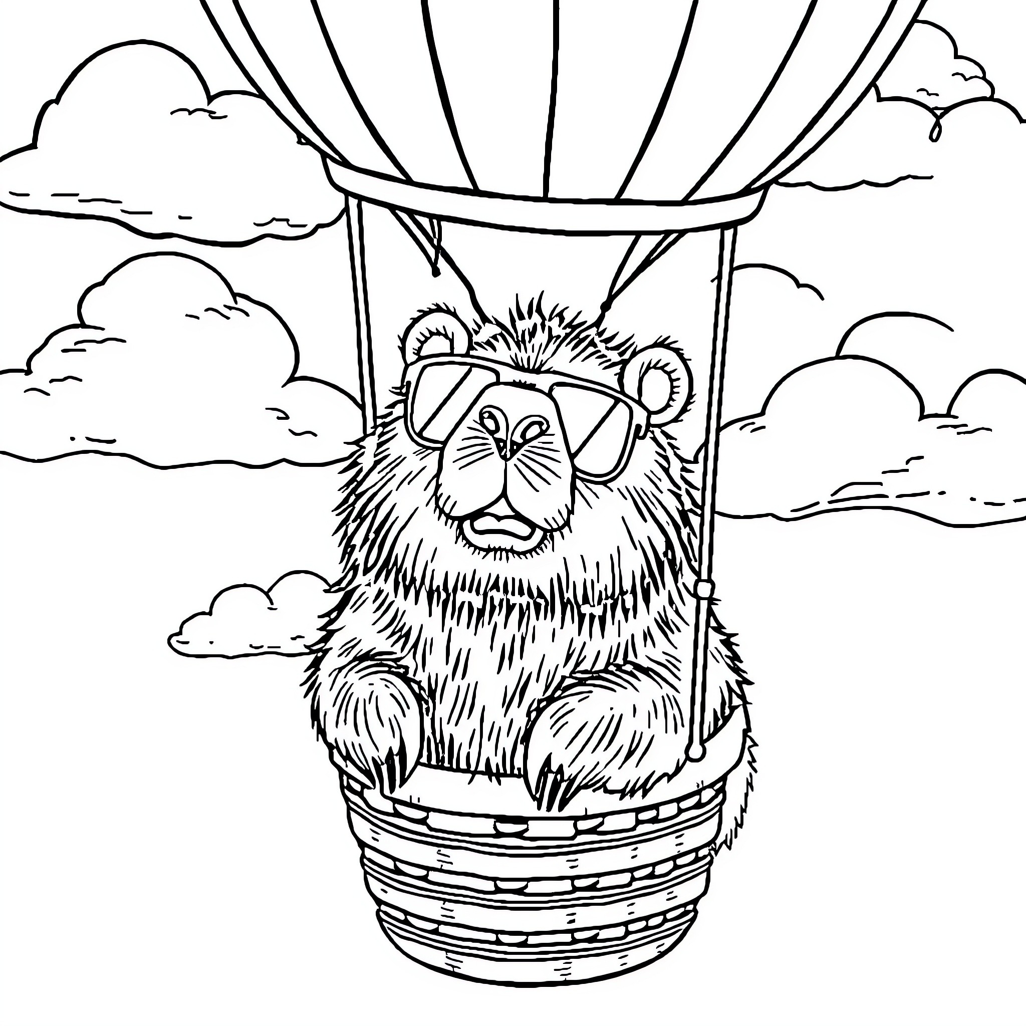Capybara riding in a hot air balloon Coloring Page (free black-and-white line drawing printable PDF for all, from beginners to advanced learners, including children, teens, adults, and seniors)