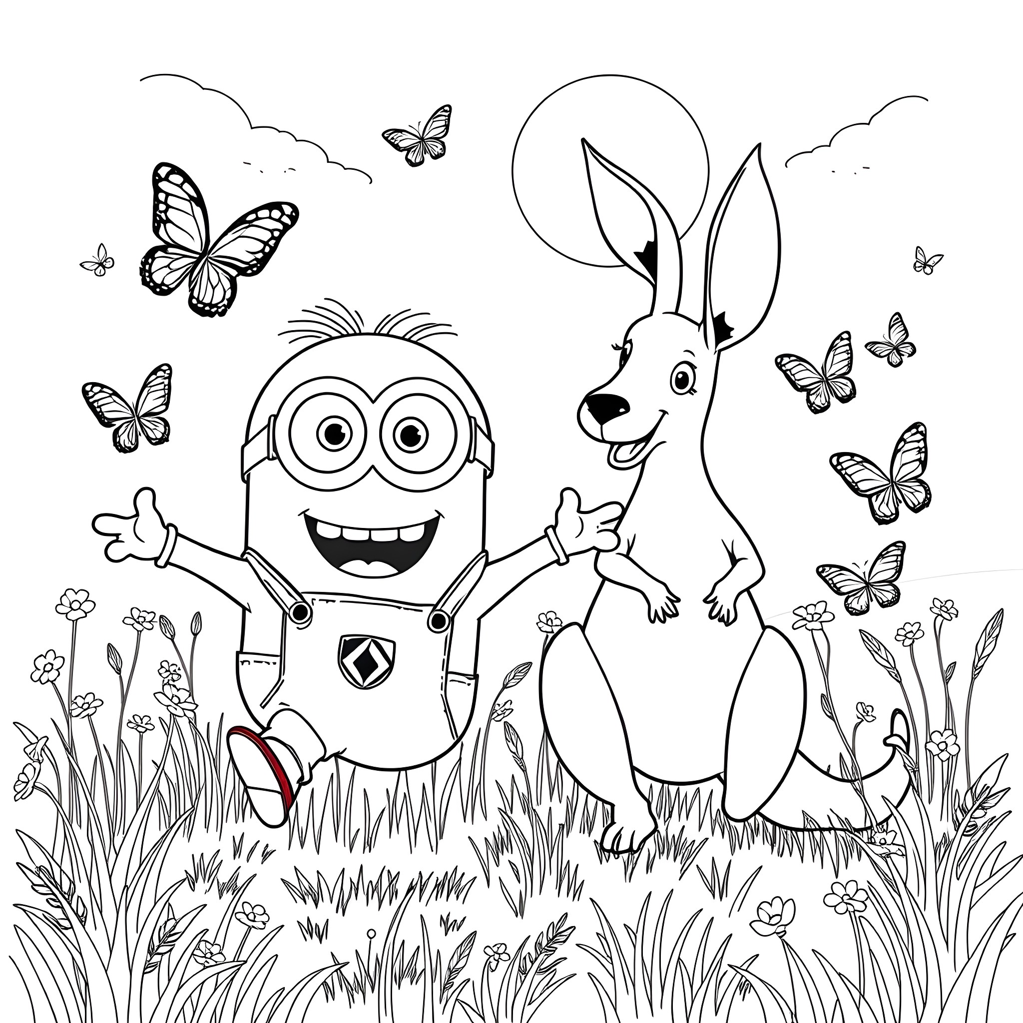 Minion and Rabbit Playing in a Floral Field Coloring Page (free black-and-white line drawing printable PDF for all, from beginners to advanced learners, including children, teens, adults, and seniors)