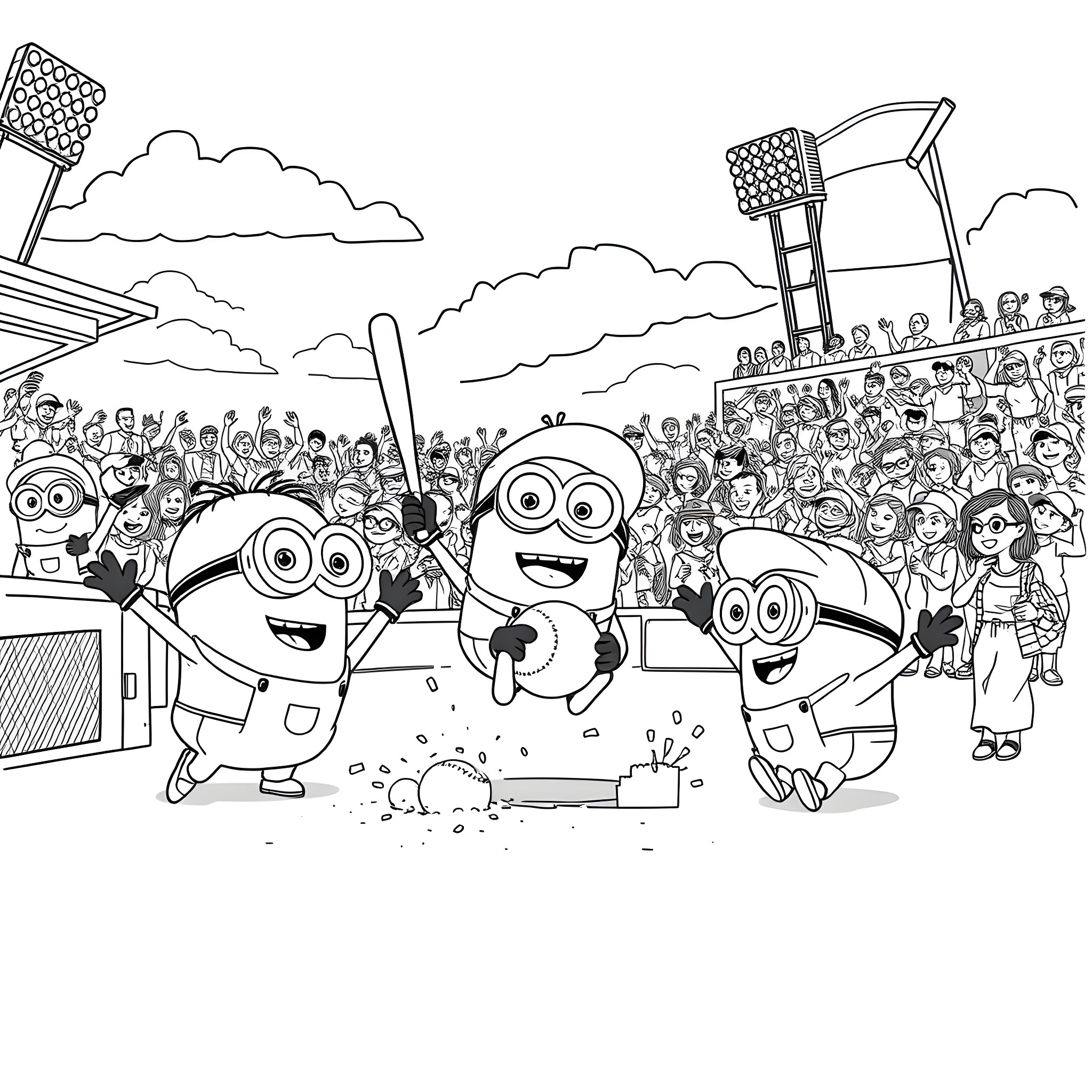 Minions cheering and playing in a crowded stadium Coloring Page (free black-and-white line drawing printable PDF for all, from beginners to advanced learners, including children, teens, adults, and seniors)