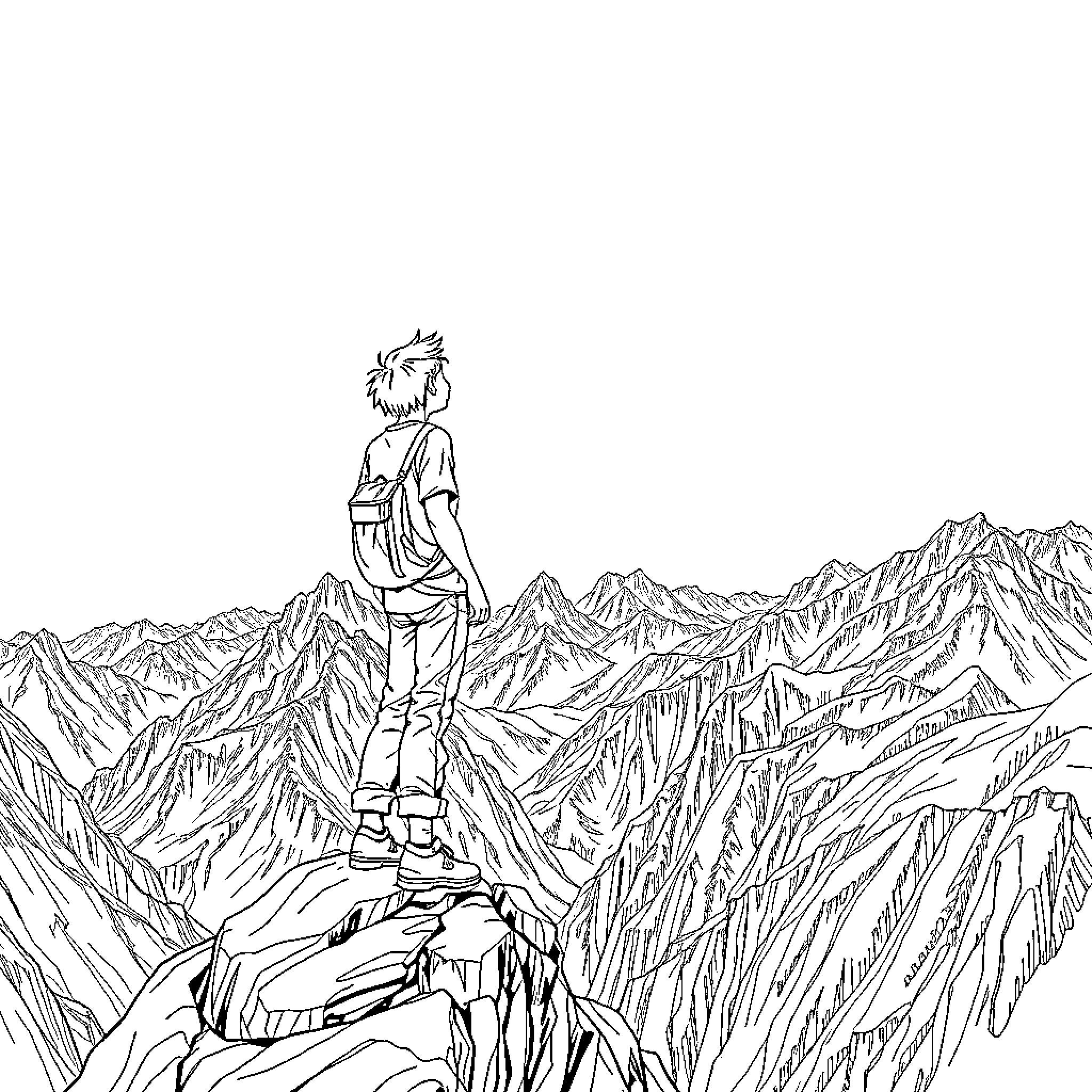 Boy Stands Atop Rugged Mountain Range Coloring Page (free black-and-white line drawing printable PDF for all, from beginners to advanced learners, including children, teens, adults, and seniors)