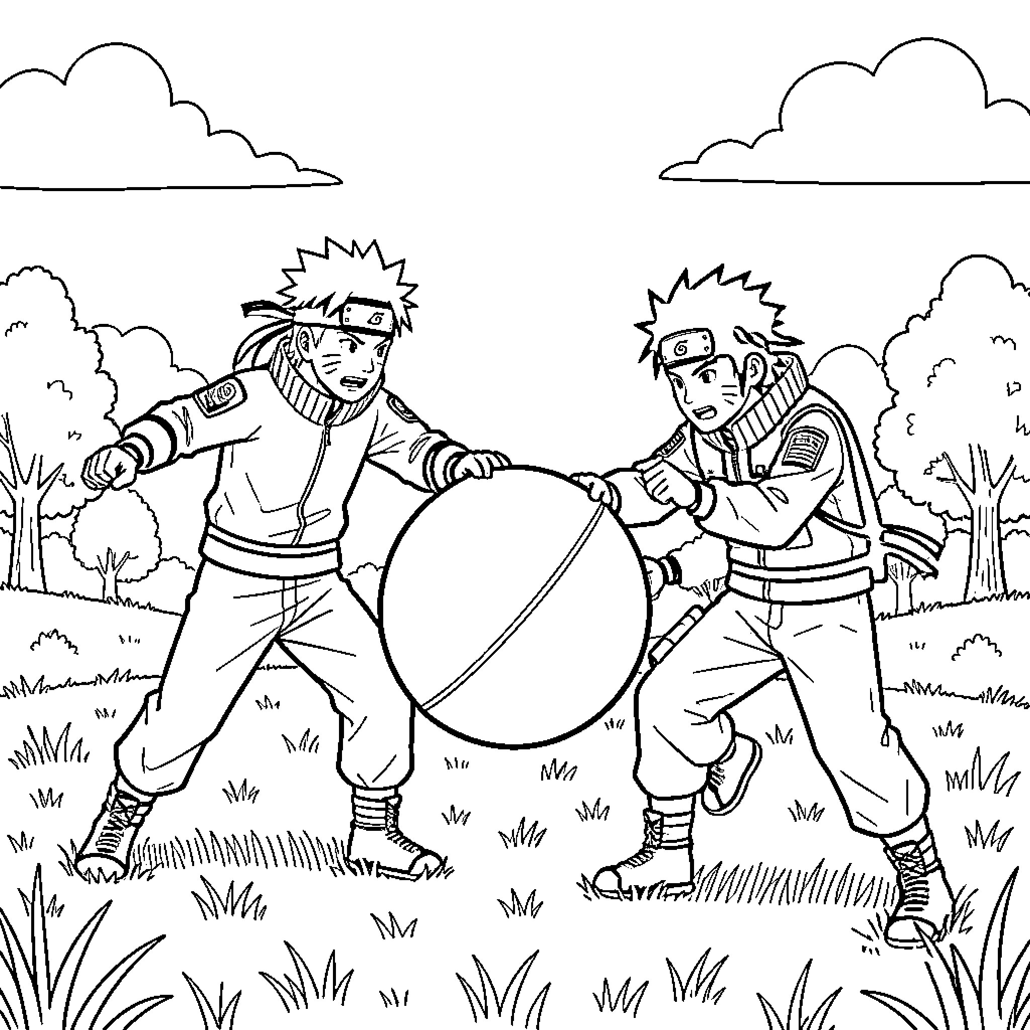 Naruto characters playing with a large ball outdoors Coloring Page (free black-and-white line drawing printable PDF for all, from beginners to advanced learners, including children, teens, adults, and seniors)