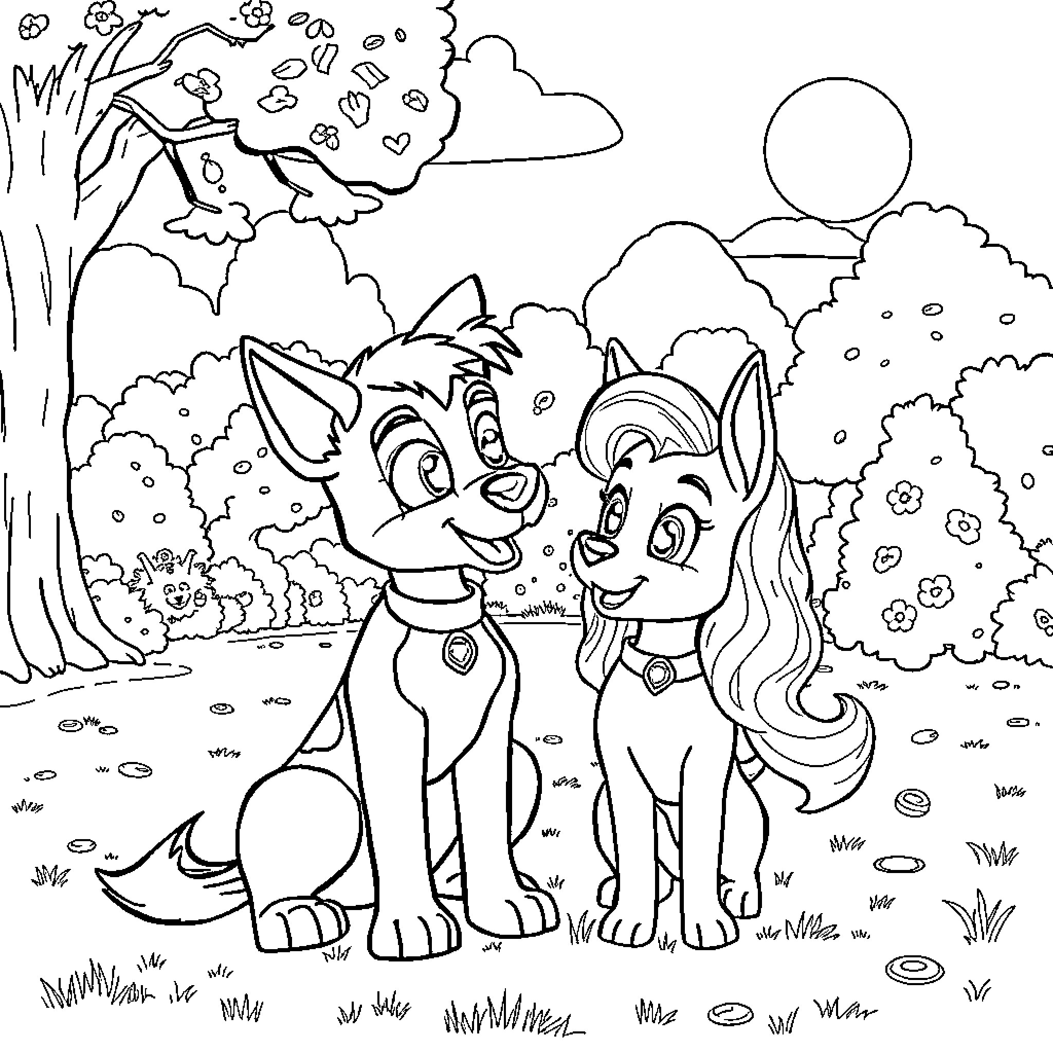 Huntrix Cute Puppies in the Outdoors Coloring Page (free black-and-white line drawing printable PDF for all, from beginners to advanced learners, including children, teens, adults, and seniors)