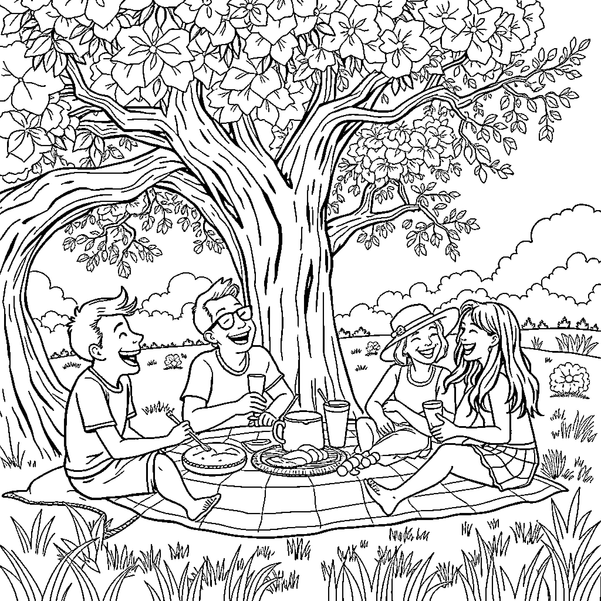 Brainrot: Playful Picnic Under a Flourishing Tree Coloring Page (free black-and-white line drawing printable PDF for all, from beginners to advanced learners, including children, teens, adults, and seniors)