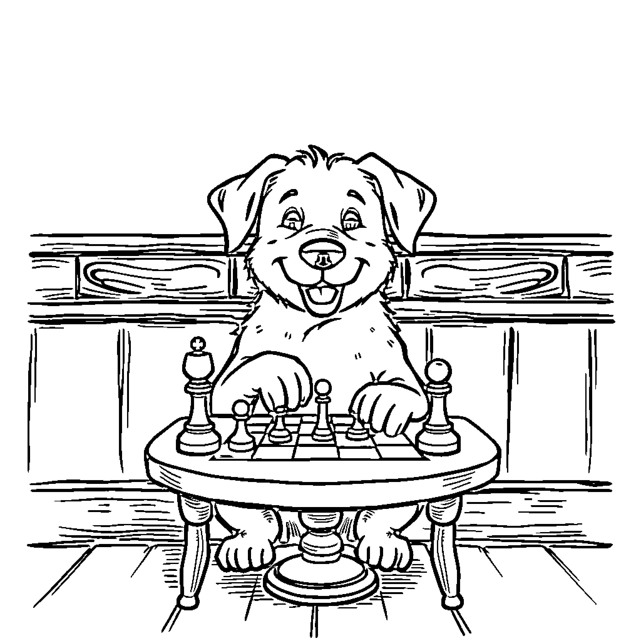 Dog playing chess with enthusiasm Coloring Page (free black-and-white line drawing printable PDF for all, from beginners to advanced learners, including children, teens, adults, and seniors)