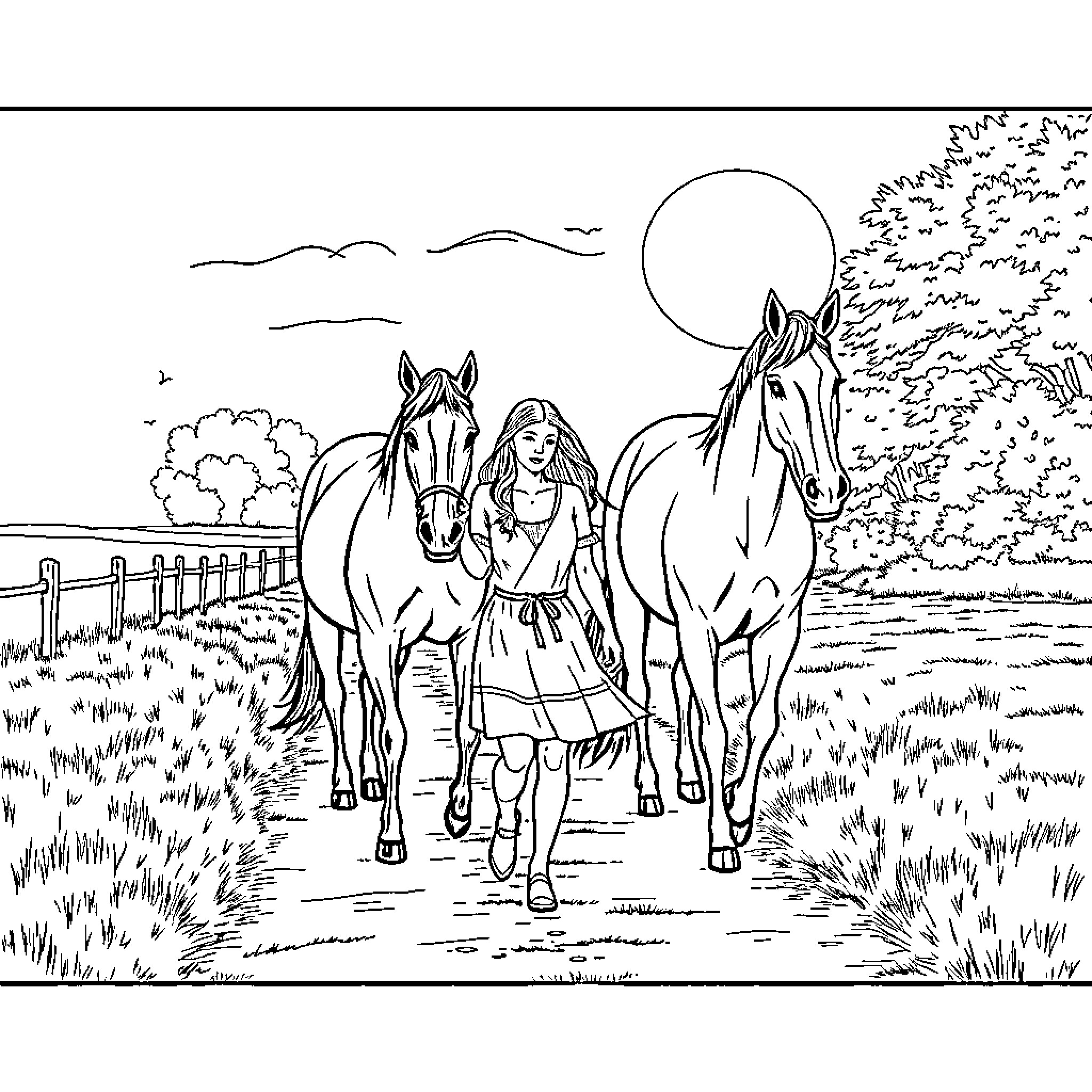 Woman walking with horses in countryside scene Coloring Page (free black-and-white line drawing printable PDF for all, from beginners to advanced learners, including children, teens, adults, and seniors)