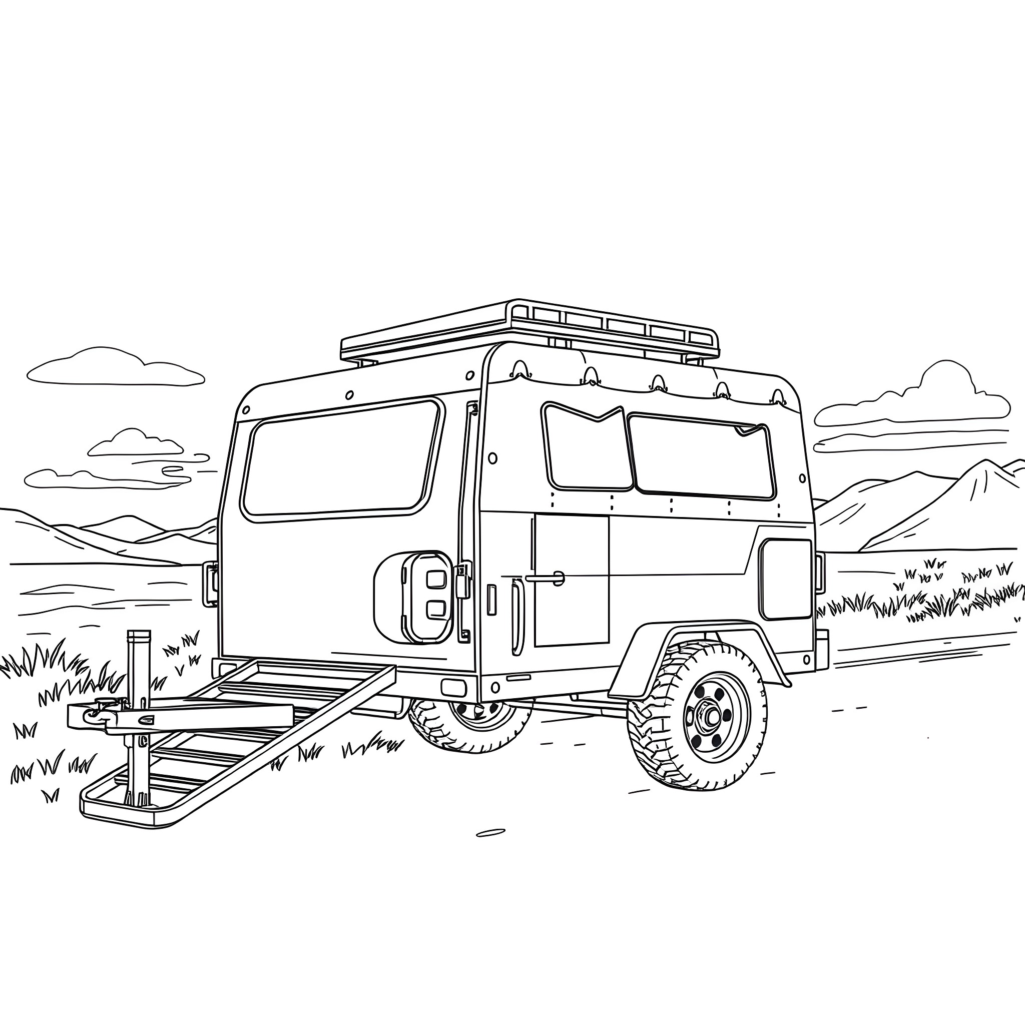 Car Trailer Carrying Camping Equipment in the Wilderness Coloring Page (free black-and-white line drawing printable PDF for all, from beginners to advanced learners, including children, teens, adults, and seniors)