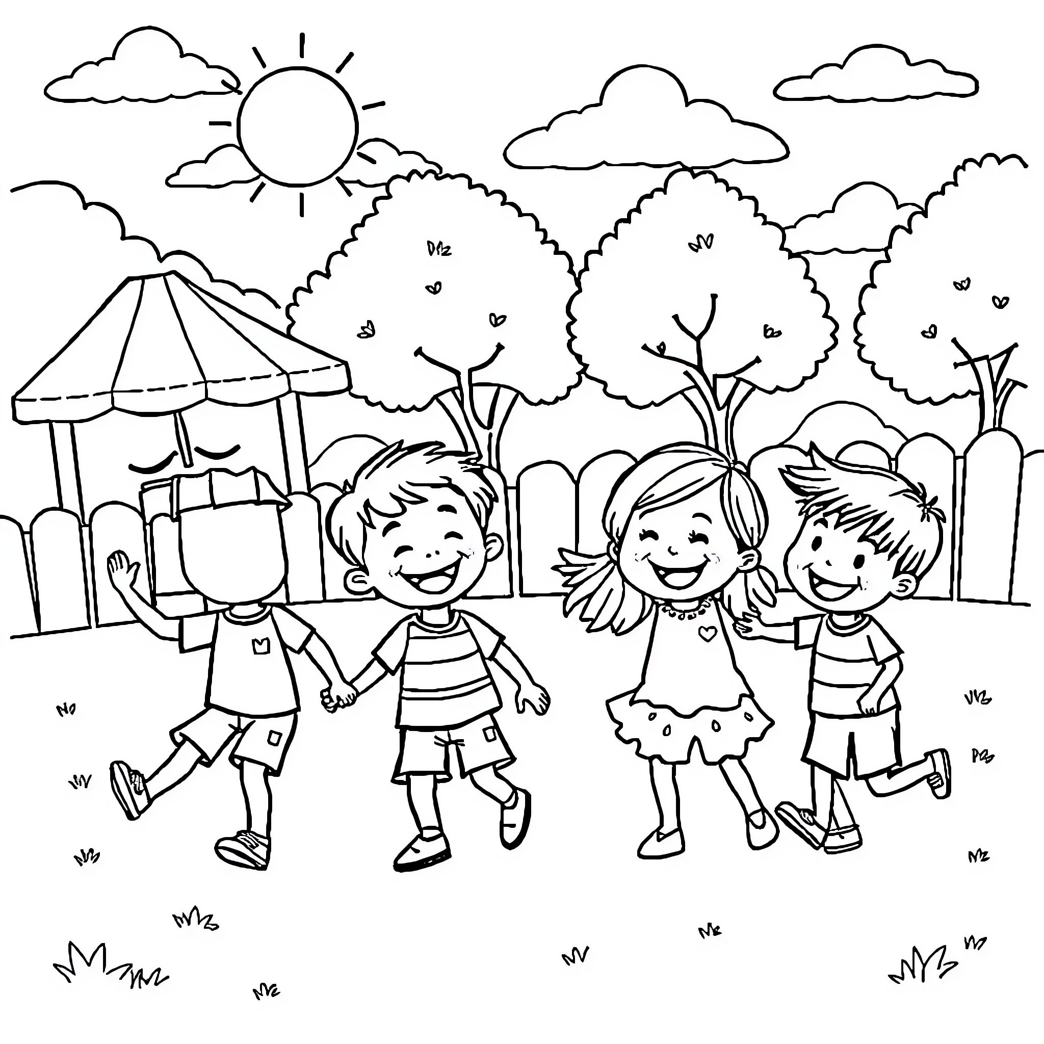 Kid playing happily at the park with friends Coloring Page (free black-and-white line drawing printable PDF for all, from beginners to advanced learners, including children, teens, adults, and seniors)