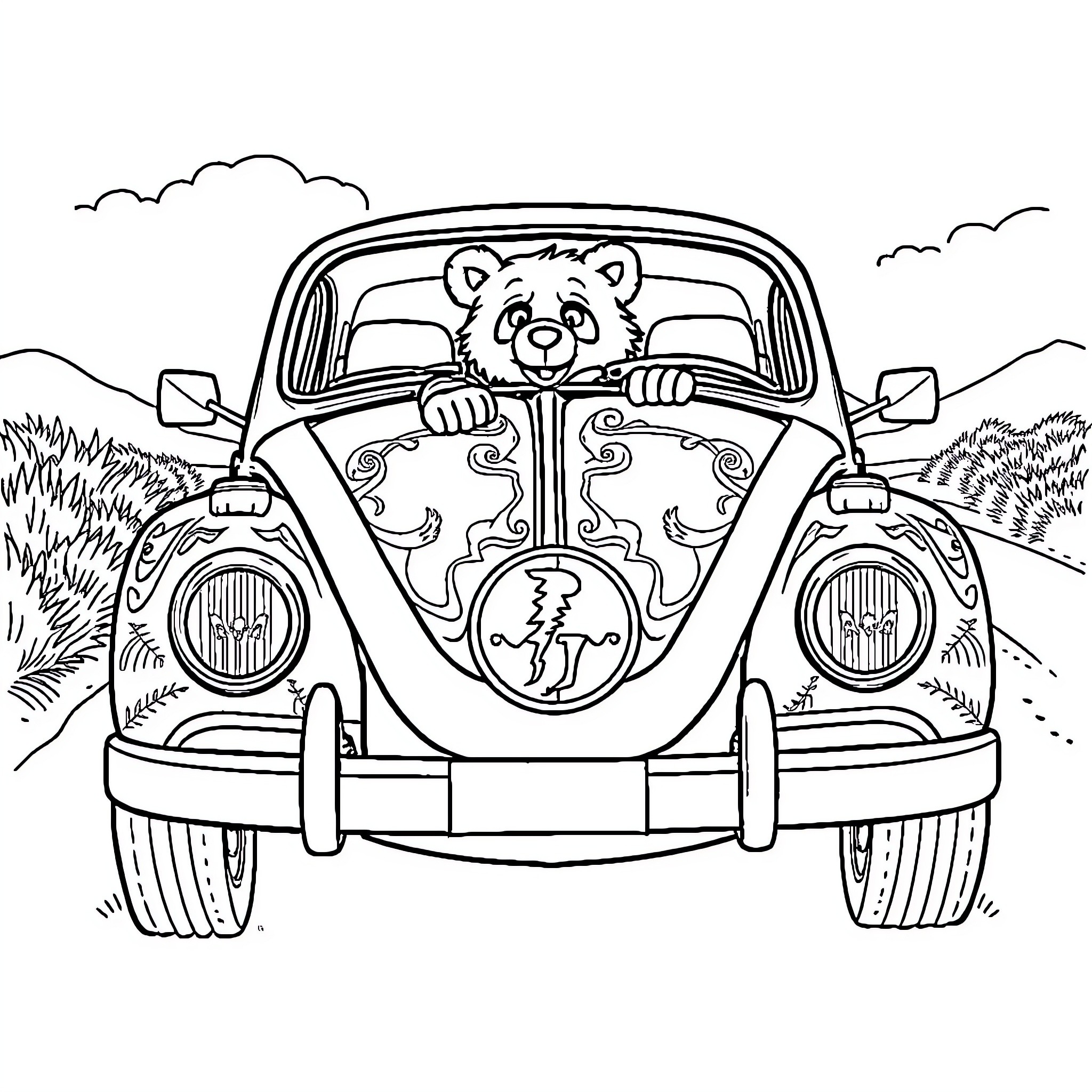 Volkswagen Beetle with Playful Panda Bear Driver Coloring Page (free black-and-white line drawing printable PDF for all, from beginners to advanced learners, including children, teens, adults, and seniors)