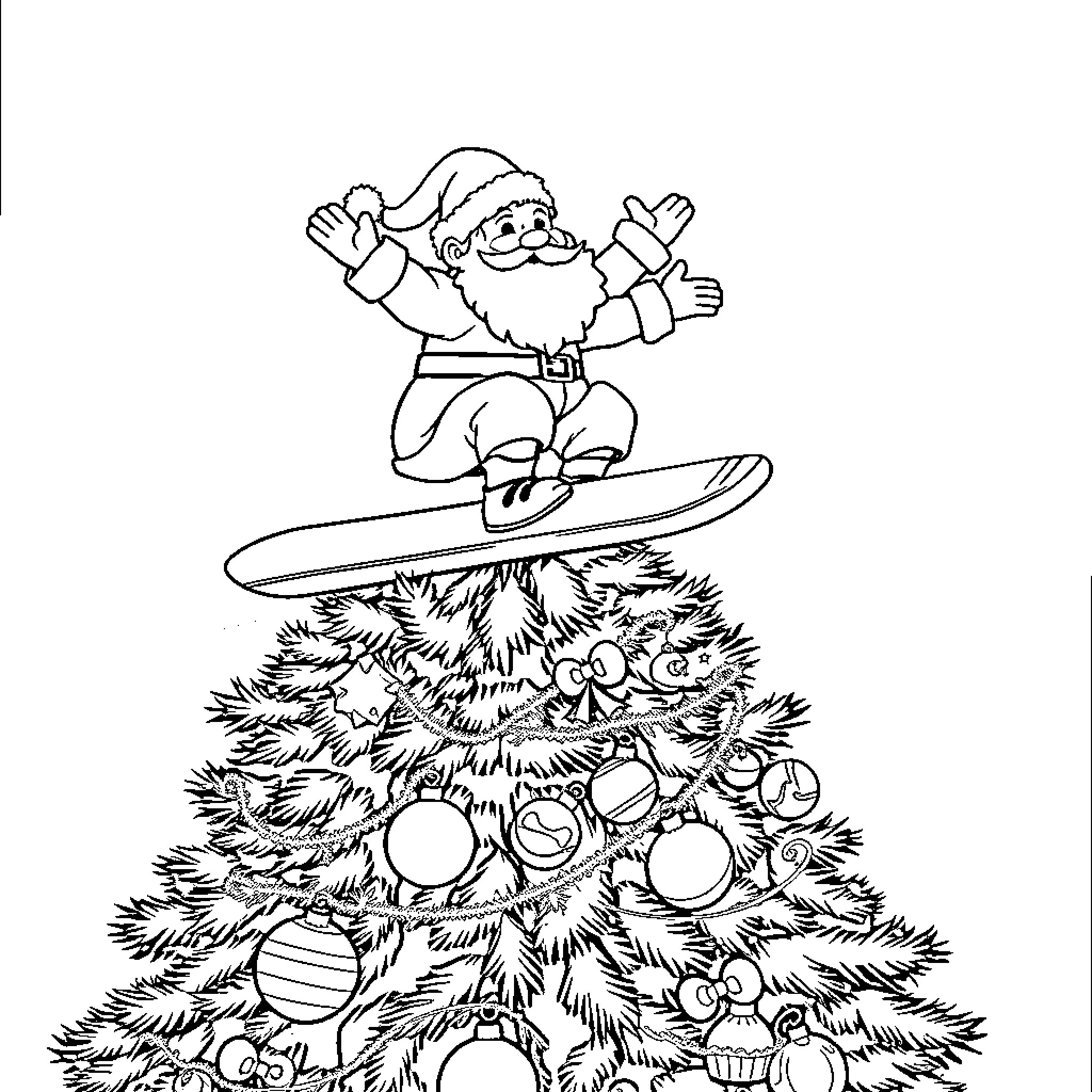 Santa surfing on a Christmas tree Coloring Page (free black-and-white line drawing printable PDF for all, from beginners to advanced learners, including children, teens, adults, and seniors)