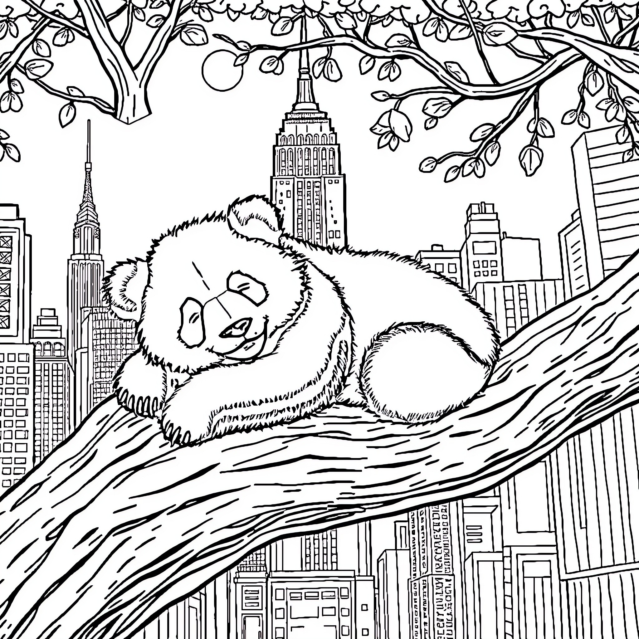 Panda resting peacefully in a city landscape Coloring Page (free black-and-white line drawing printable PDF for all, from beginners to advanced learners, including children, teens, adults, and seniors)