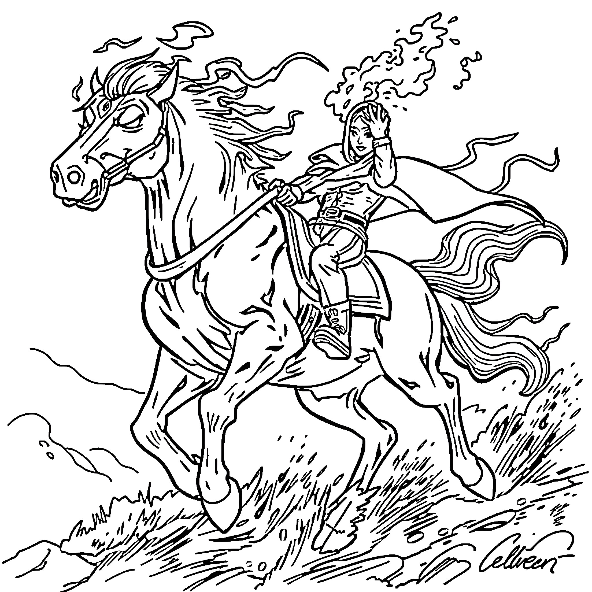 Dog Knight Riding Powerful Steed Coloring Page (free black-and-white line drawing printable PDF for all, from beginners to advanced learners, including children, teens, adults, and seniors)