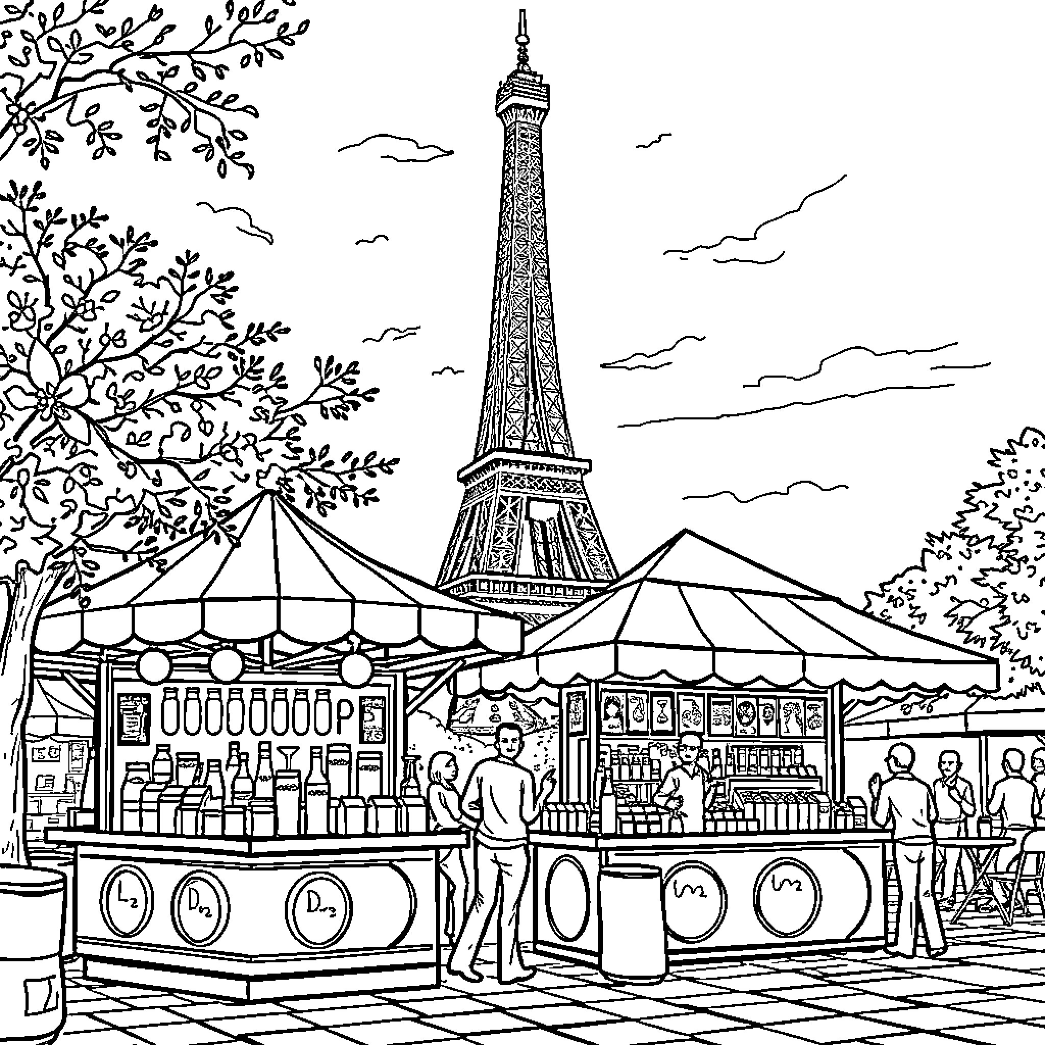 Food Stand in Front of the Eiffel Tower Coloring Page (free black-and-white line drawing printable PDF for all, from beginners to advanced learners, including children, teens, adults, and seniors)