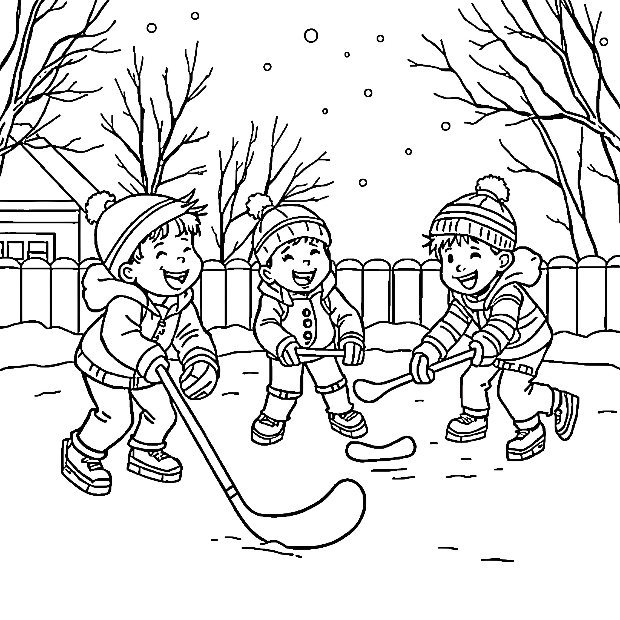Kids playing hockey in the winter snow Coloring Page (free black-and-white line drawing printable PDF for all, from beginners to advanced learners, including children, teens, adults, and seniors)
