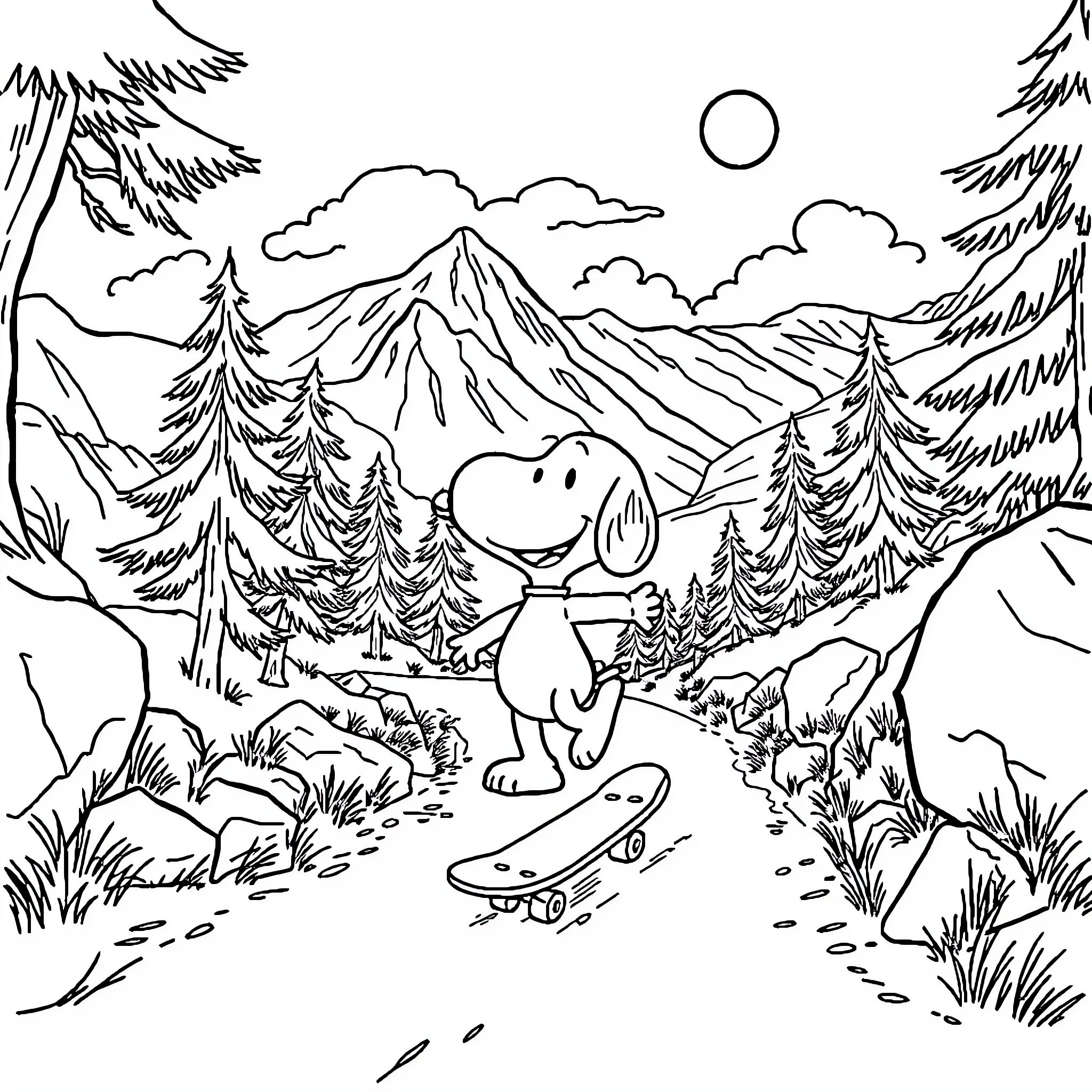 Snoopy enjoying nature on a mountain trail Coloring Page (free black-and-white line drawing printable PDF for all, from beginners to advanced learners, including children, teens, adults, and seniors)