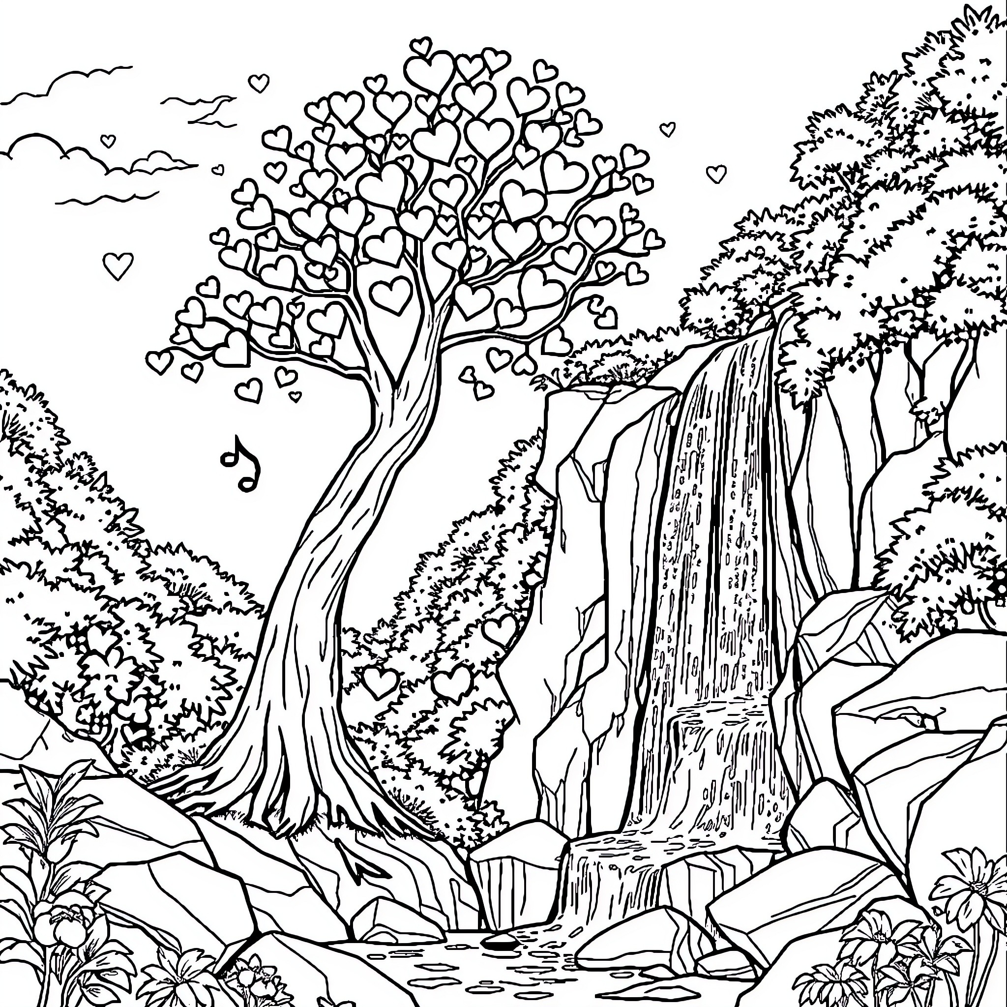 Tree of Hearts Amid Scenic Landscape Coloring Page (free black-and-white line drawing printable PDF for all, from beginners to advanced learners, including children, teens, adults, and seniors)