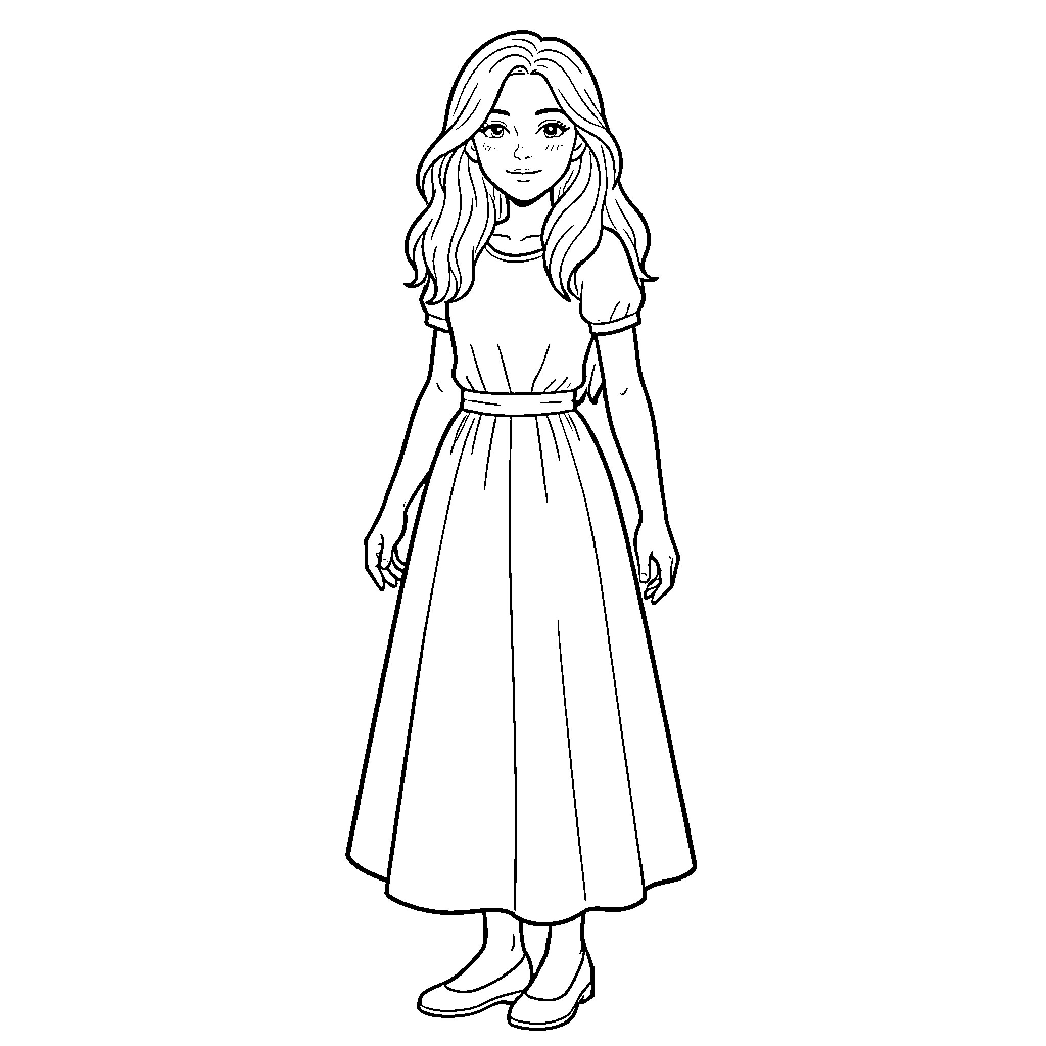 Girl in a whimsical dress with flowing hair Coloring Page (free black-and-white line drawing printable PDF for all, from beginners to advanced learners, including children, teens, adults, and seniors)