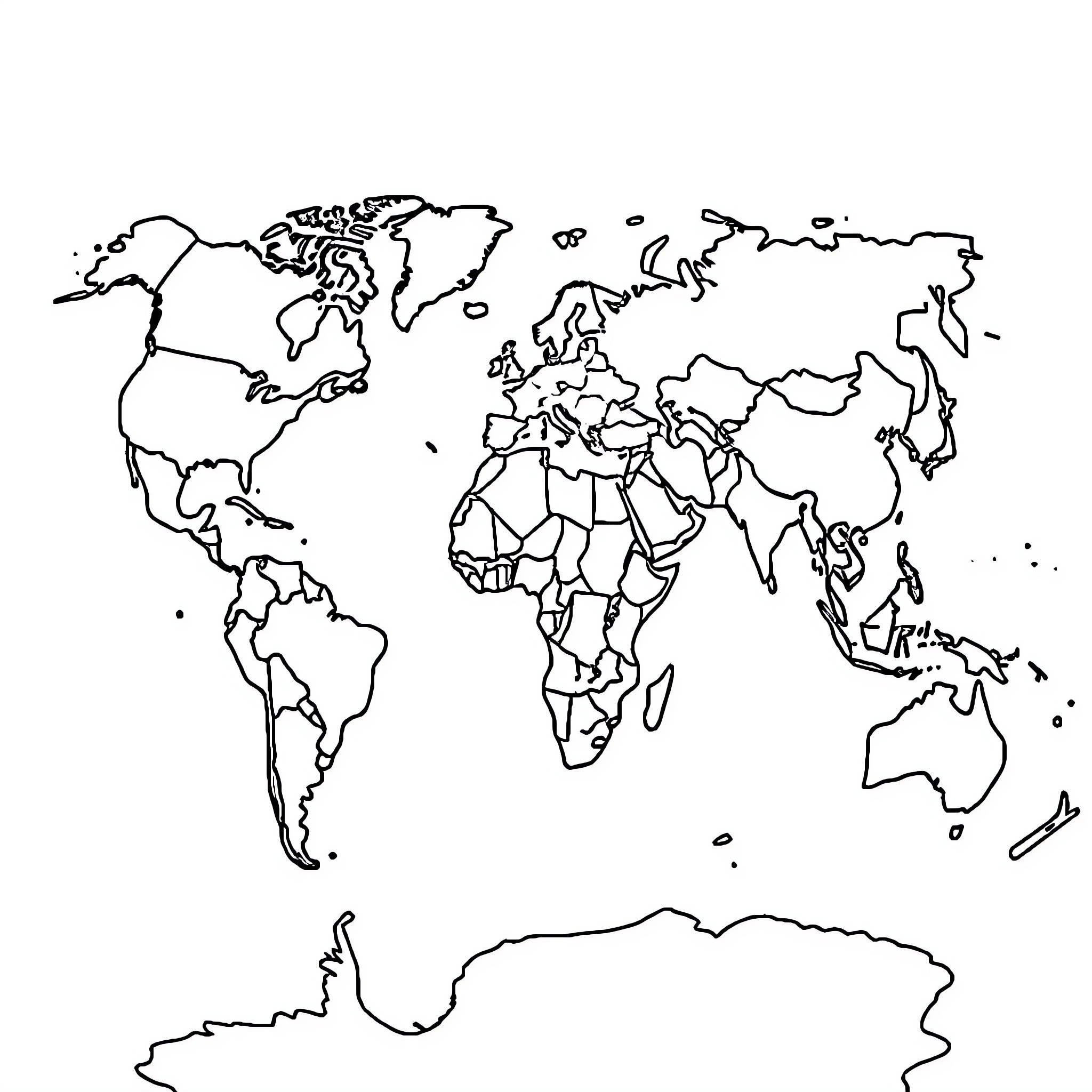 World Map Outlined in Simple Sketch-Like Style Coloring Page (free black-and-white line drawing printable PDF for all, from beginners to advanced learners, including children, teens, adults, and seniors)