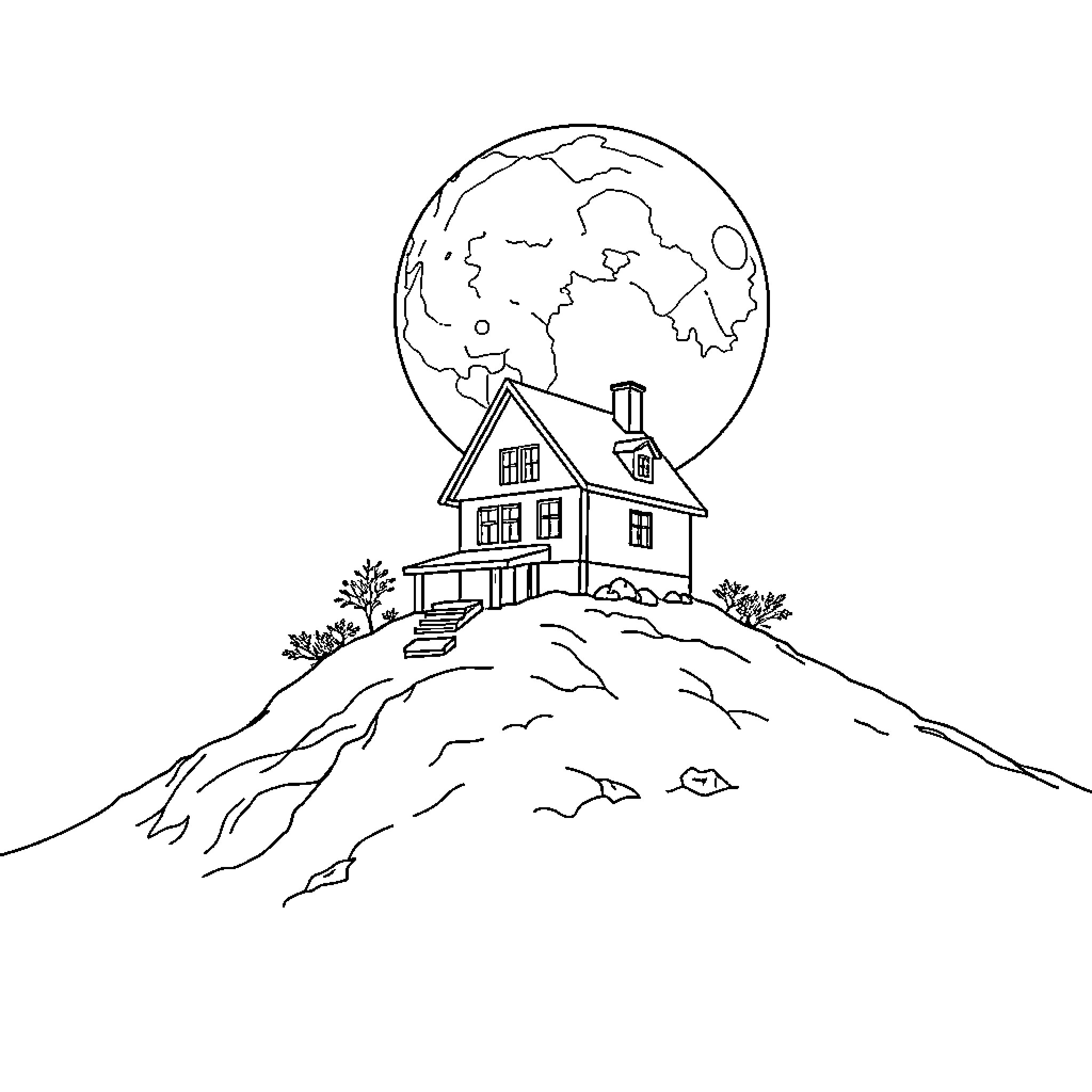 House on a Hill Under the Moon Coloring Page (free black-and-white line drawing printable PDF for all, from beginners to advanced learners, including children, teens, adults, and seniors)