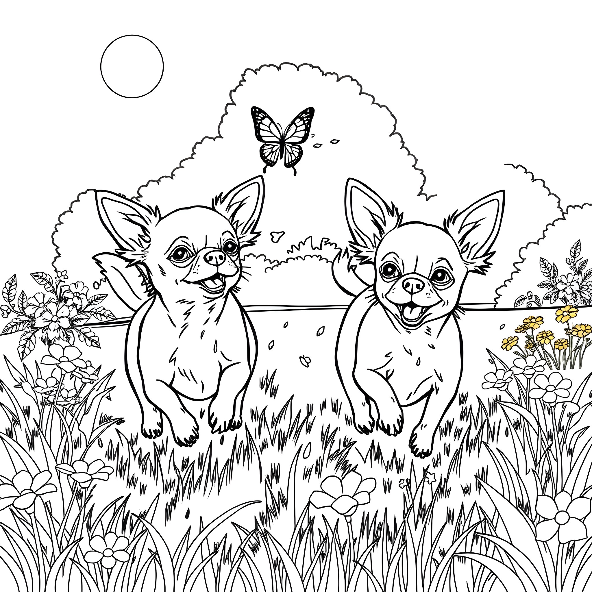 Chihuahuas playing in the garden Coloring Page (free black-and-white line drawing printable PDF for all, from beginners to advanced learners, including children, teens, adults, and seniors)