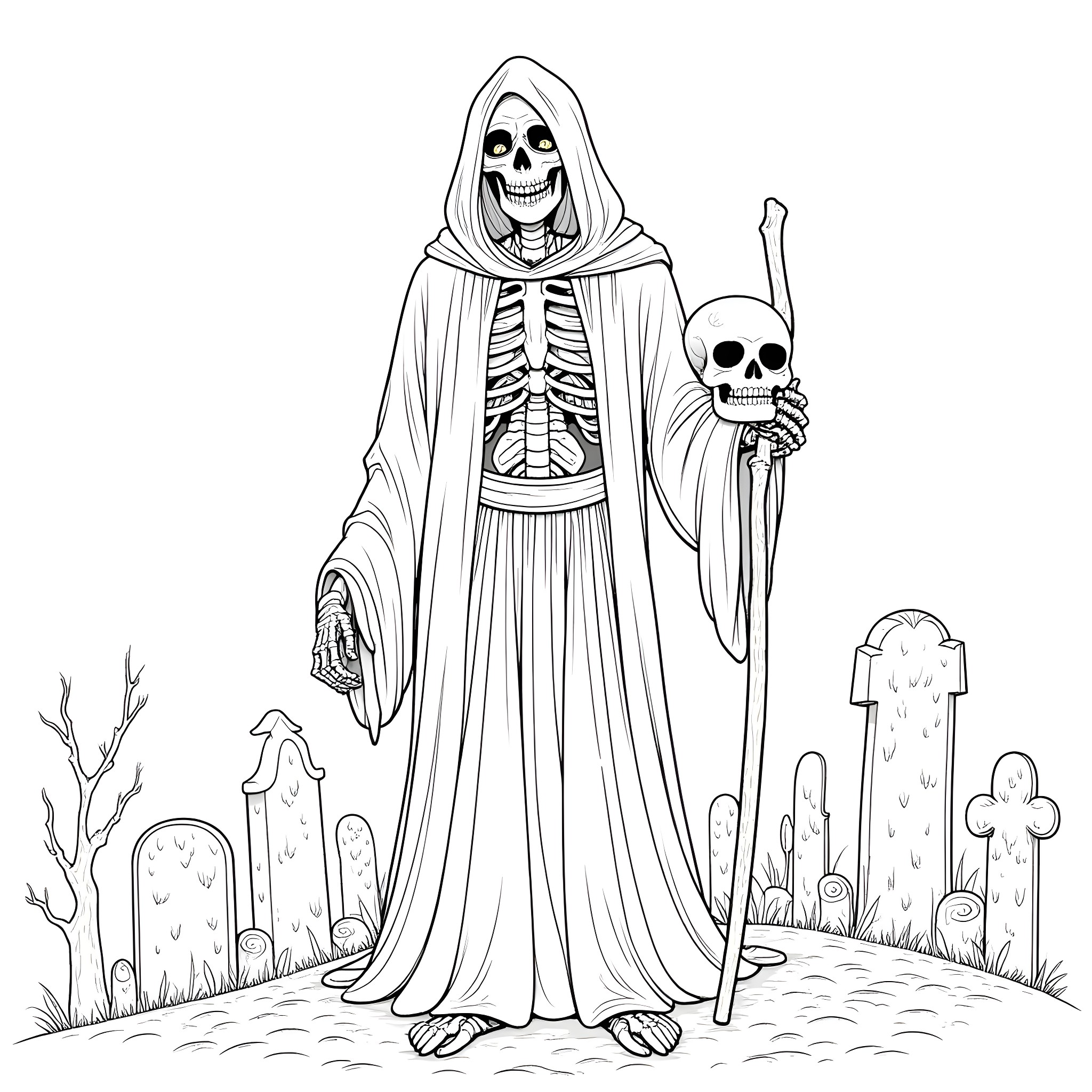 Grim Reaper Walking Through Graveyard with Skeletal Companion Coloring Page (free black-and-white line drawing printable PDF for all, from beginners to advanced learners, including children, teens, adults, and seniors)