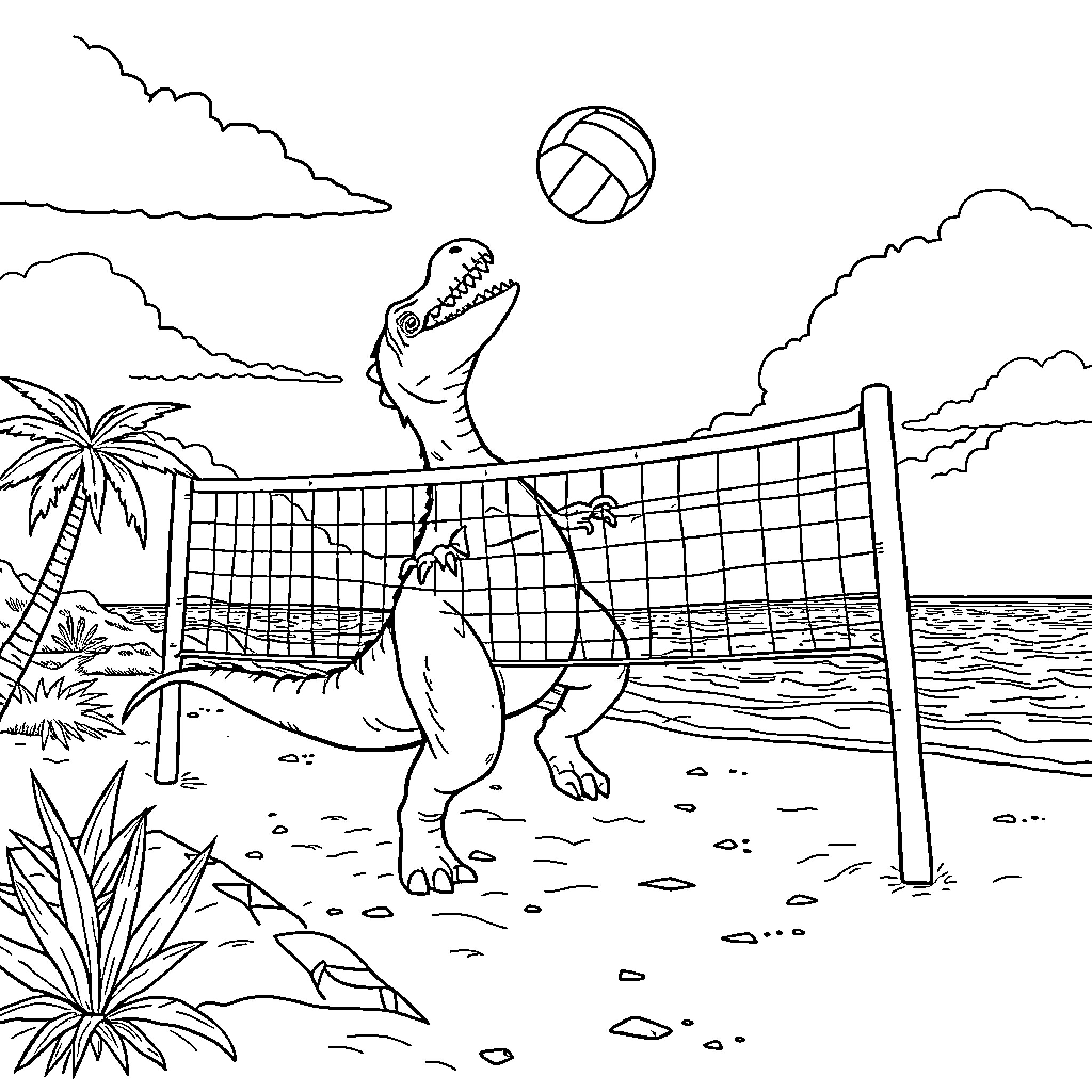 Dinosaur playing volleyball on the beach Coloring Page (free black-and-white line drawing printable PDF for all, from beginners to advanced learners, including children, teens, adults, and seniors)