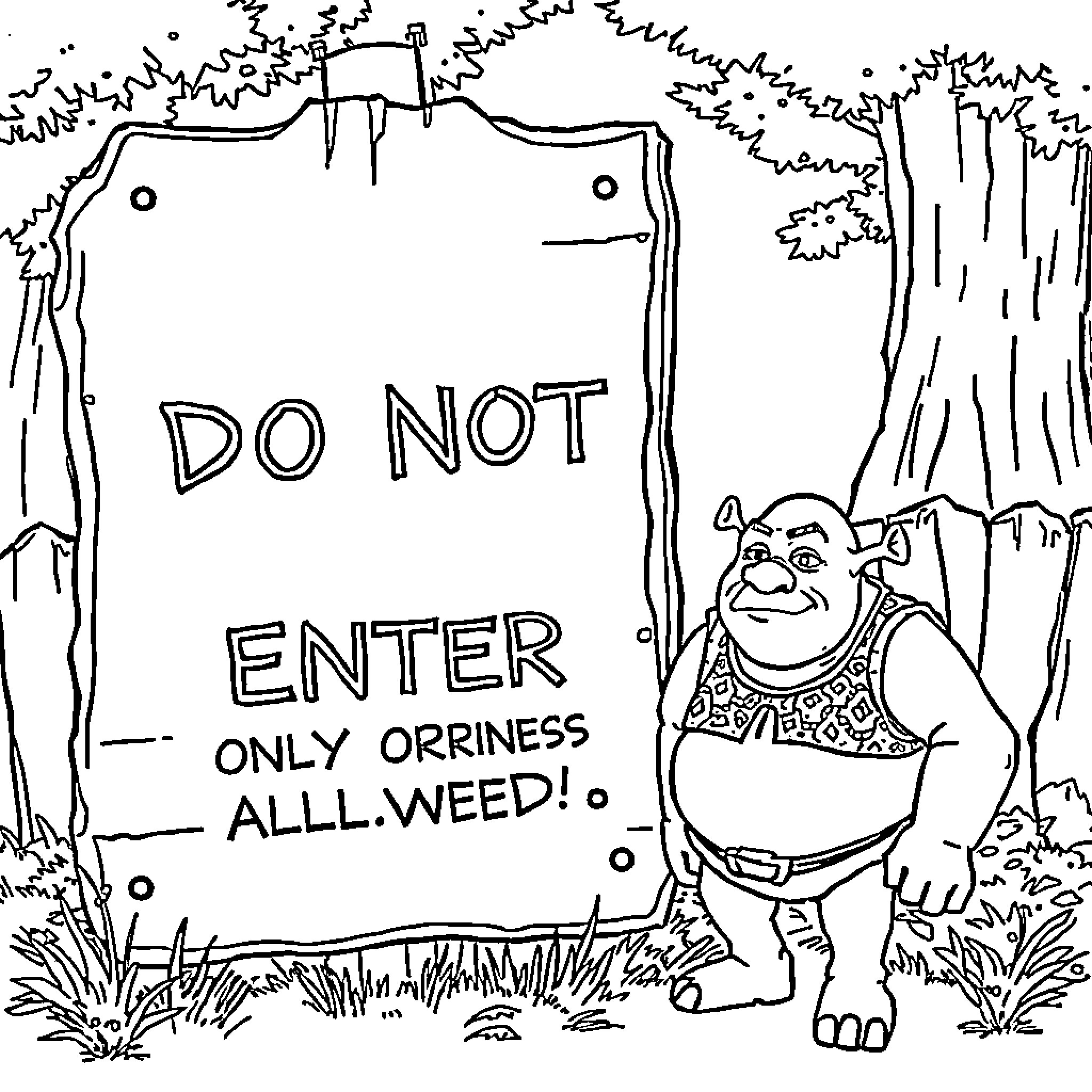 Shrek in a silly warning sign in the forest Coloring Page (free black-and-white line drawing printable PDF for all, from beginners to advanced learners, including children, teens, adults, and seniors)