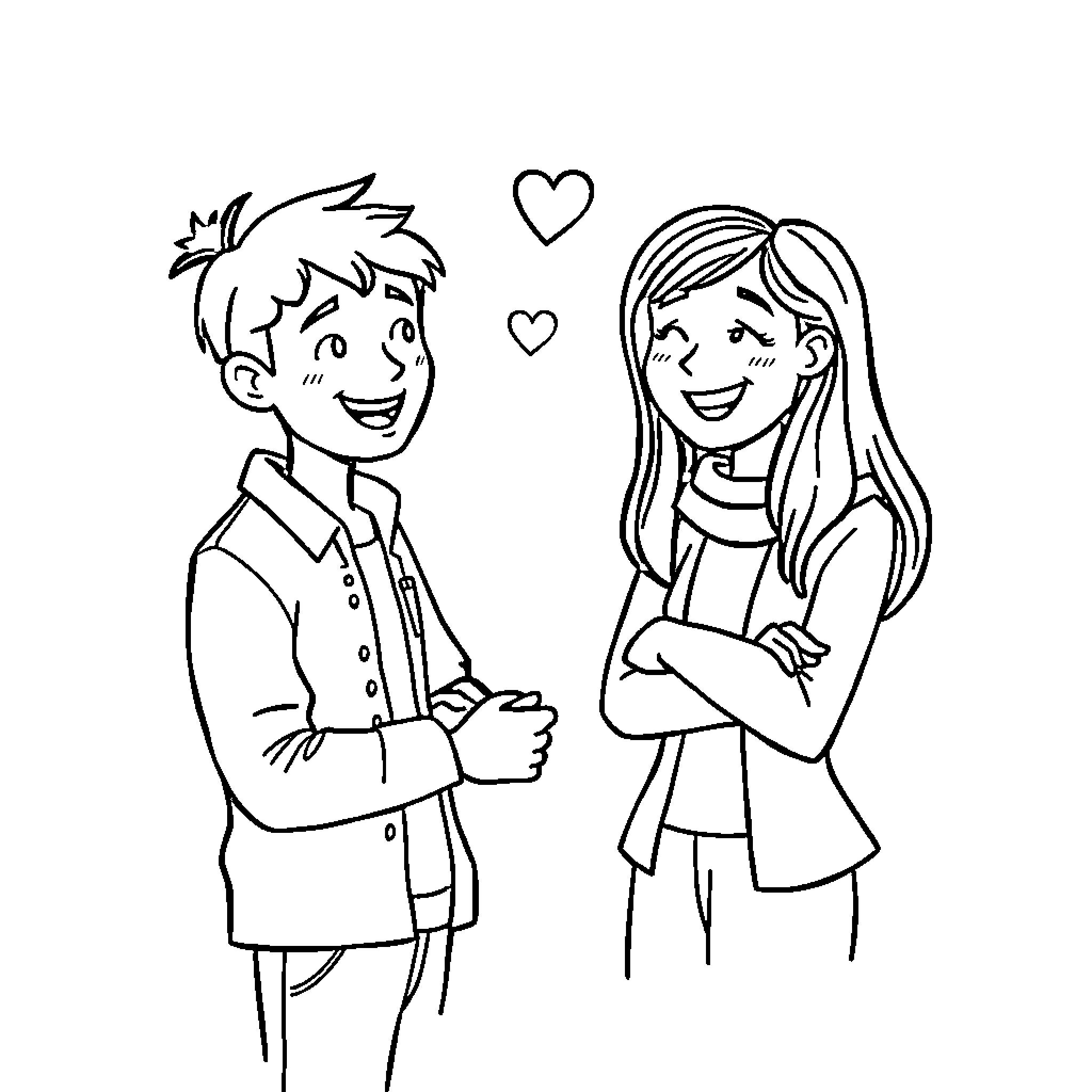 Cat Couple in Love on a Date Coloring Page (free black-and-white line drawing printable PDF for all, from beginners to advanced learners, including children, teens, adults, and seniors)