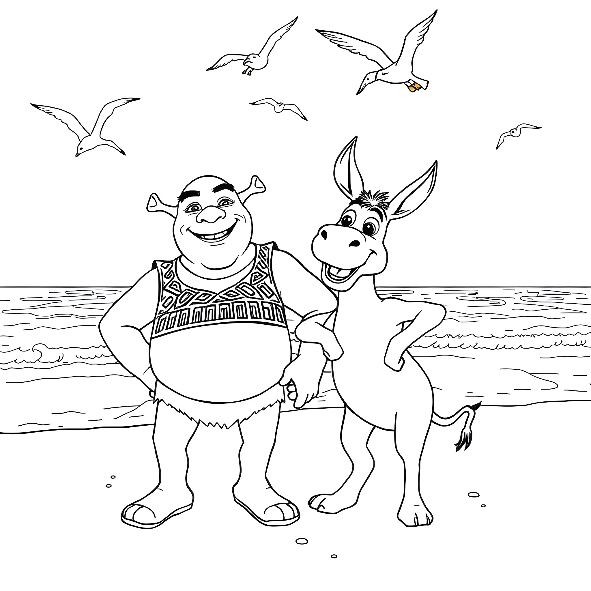 Shrek and Donkey enjoying the beach with seagulls Coloring Page (free black-and-white line drawing printable PDF for all, from beginners to advanced learners, including children, teens, adults, and seniors)