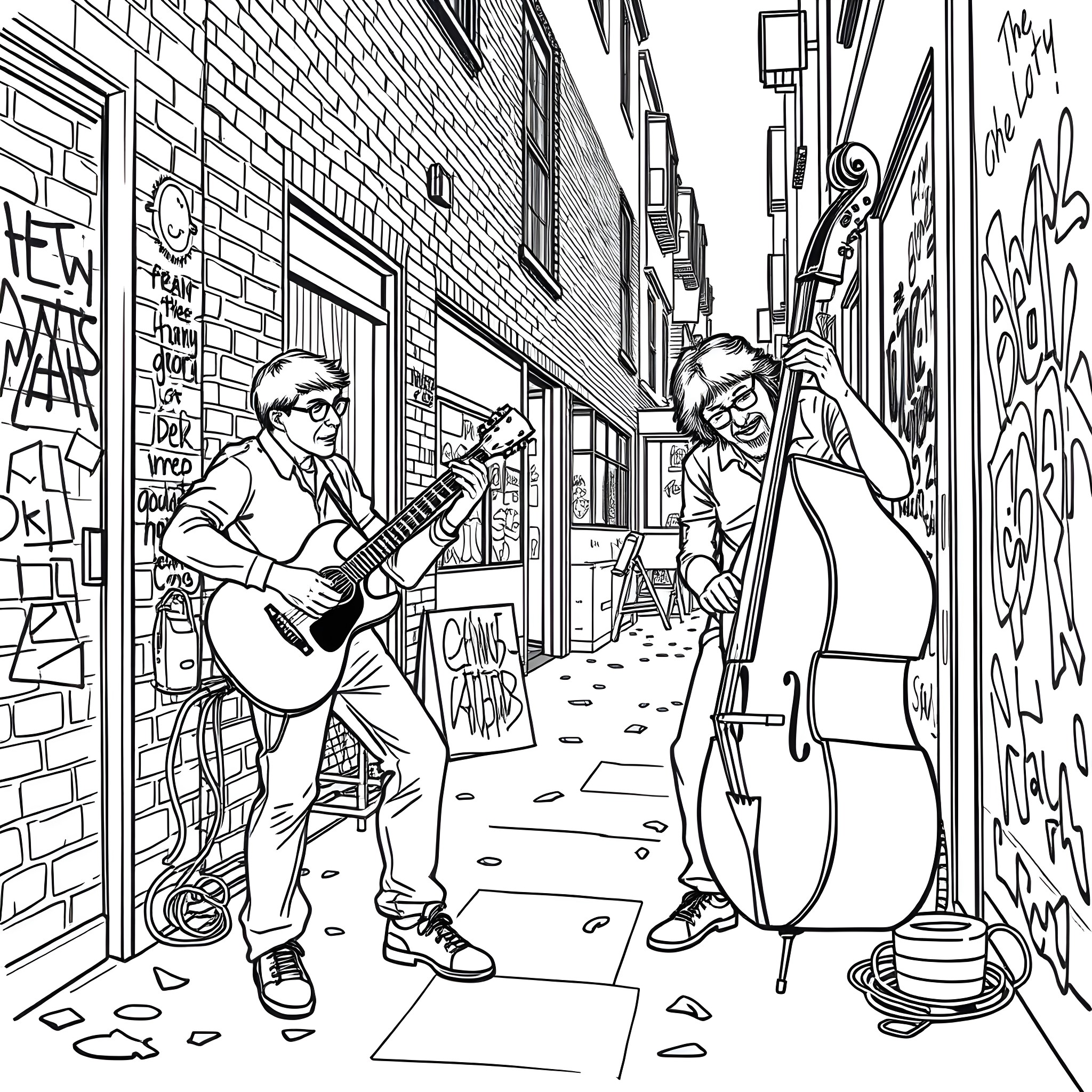 Man playing guitar and cello in urban alley Coloring Page (free black-and-white line drawing printable PDF for all, from beginners to advanced learners, including children, teens, adults, and seniors)