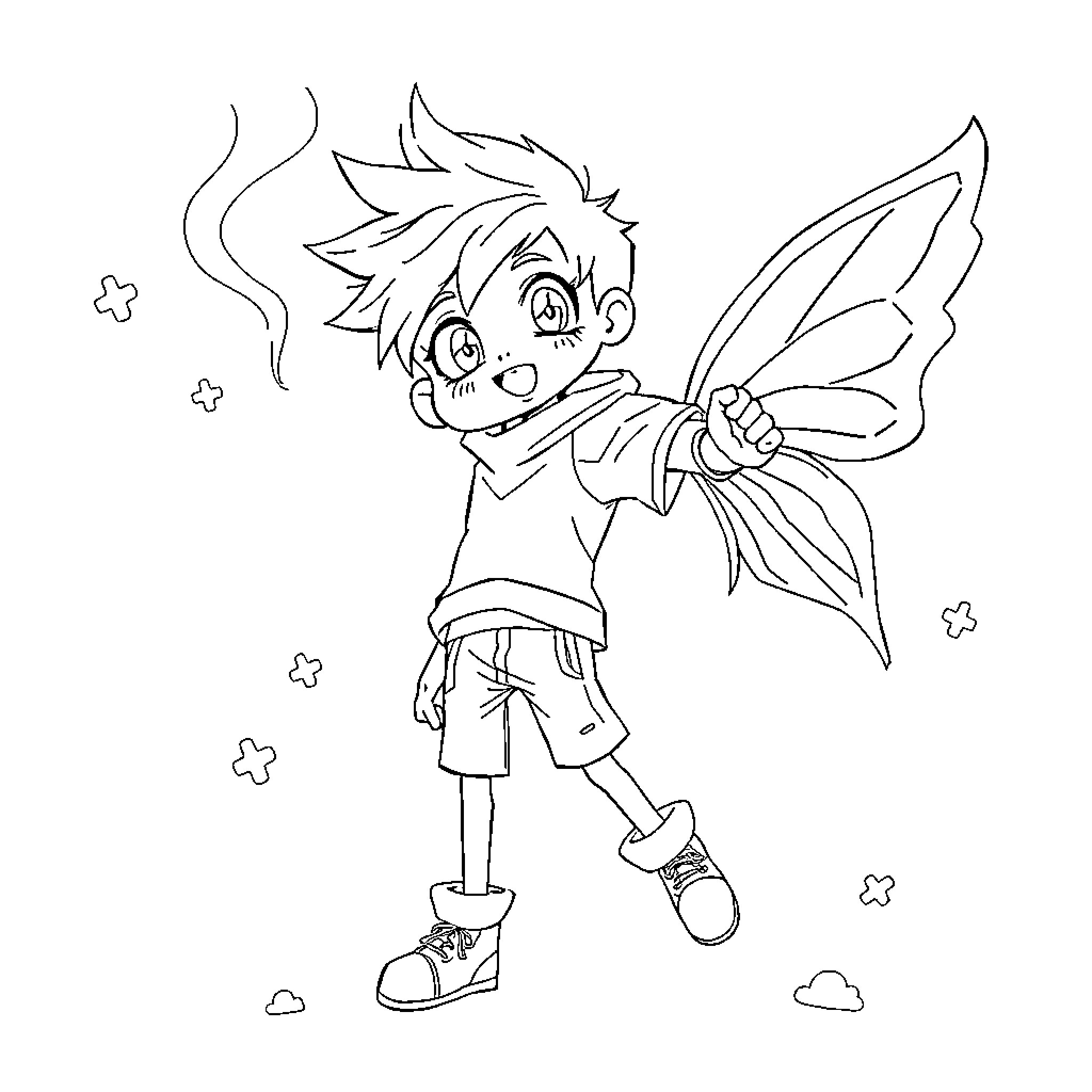 Kyky the Magical Fairy in Flight Coloring Page (free black-and-white line drawing printable PDF for all, from beginners to advanced learners, including children, teens, adults, and seniors)