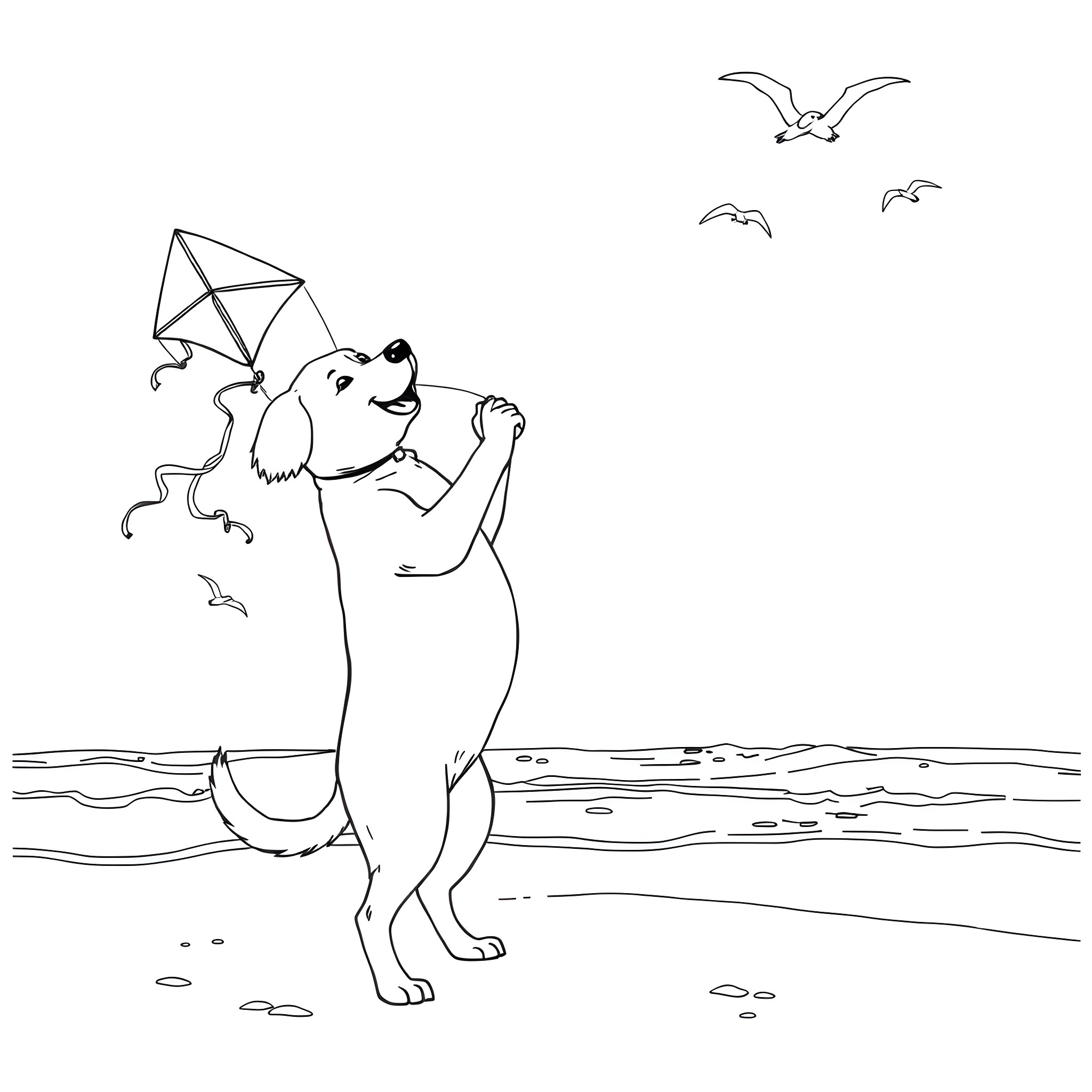 Dog playing with kite on the beach Coloring Page (free black-and-white line drawing printable PDF for all, from beginners to advanced learners, including children, teens, adults, and seniors)