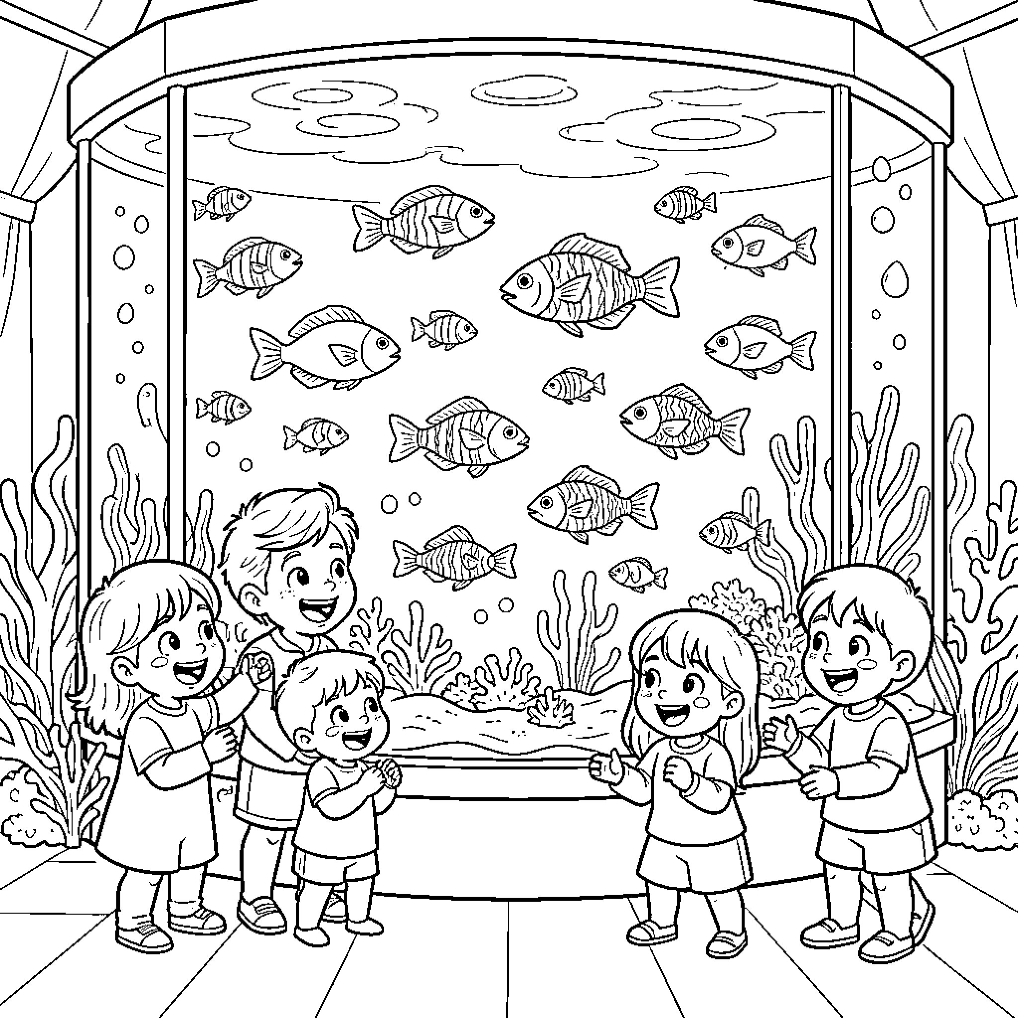 Fish swimming in aquarium with children Coloring Page (free black-and-white line drawing printable PDF for all, from beginners to advanced learners, including children, teens, adults, and seniors)
