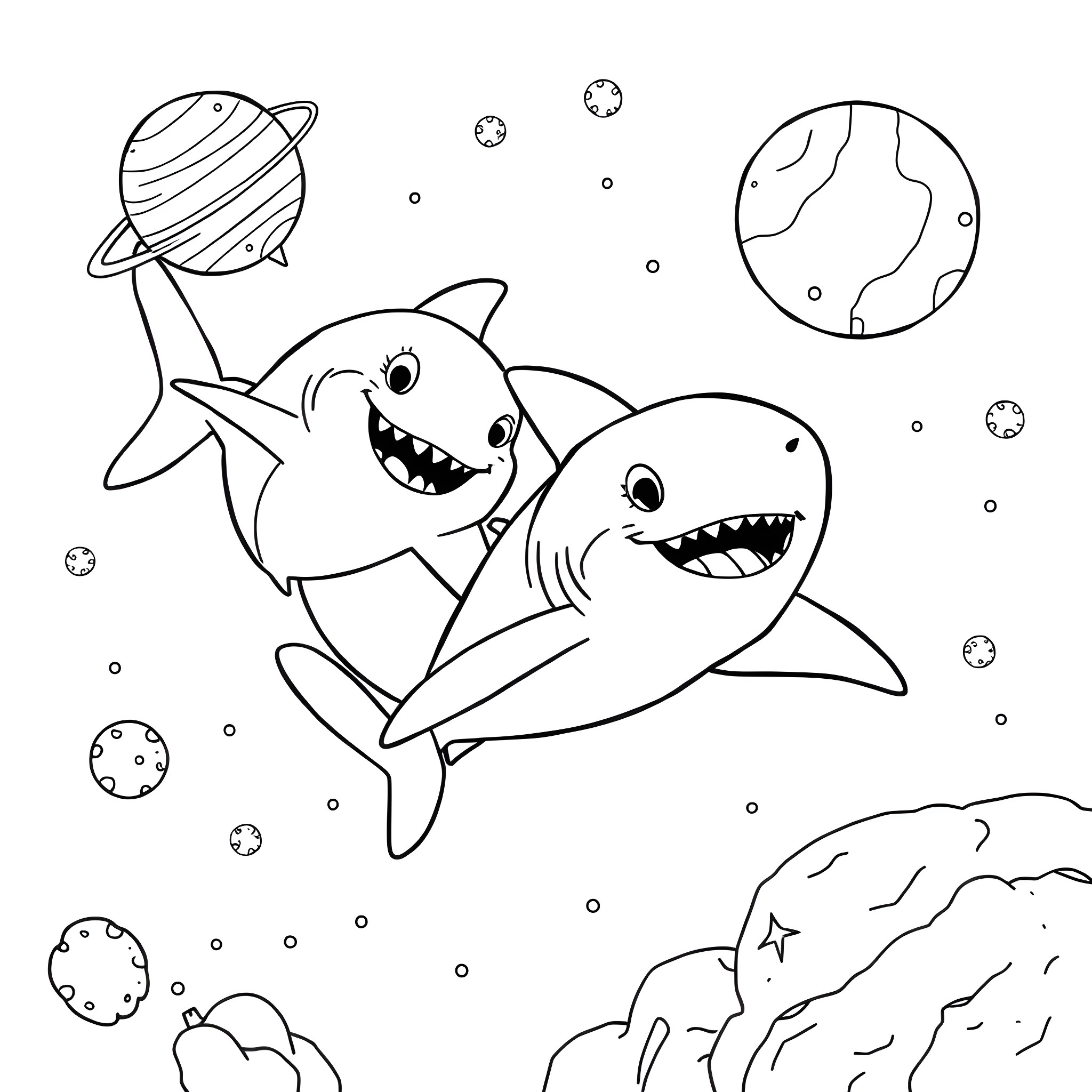 Shark family playing happily in the galaxy Coloring Page (free black-and-white line drawing printable PDF for all, from beginners to advanced learners, including children, teens, adults, and seniors)