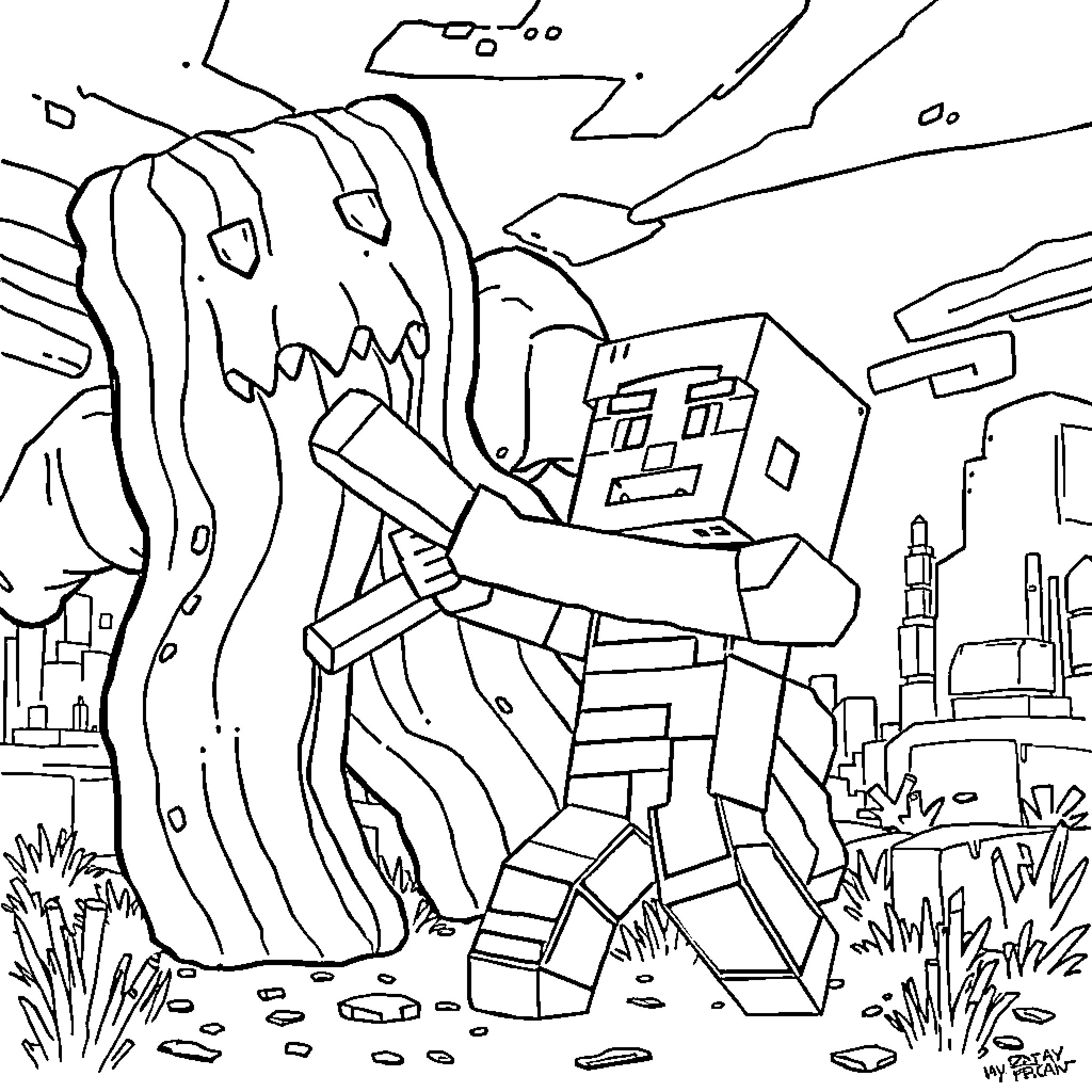 Steve confronting a mysterious creature in a fantastical landscape Coloring Page (free black-and-white line drawing printable PDF for all, from beginners to advanced learners, including children, teens, adults, and seniors)