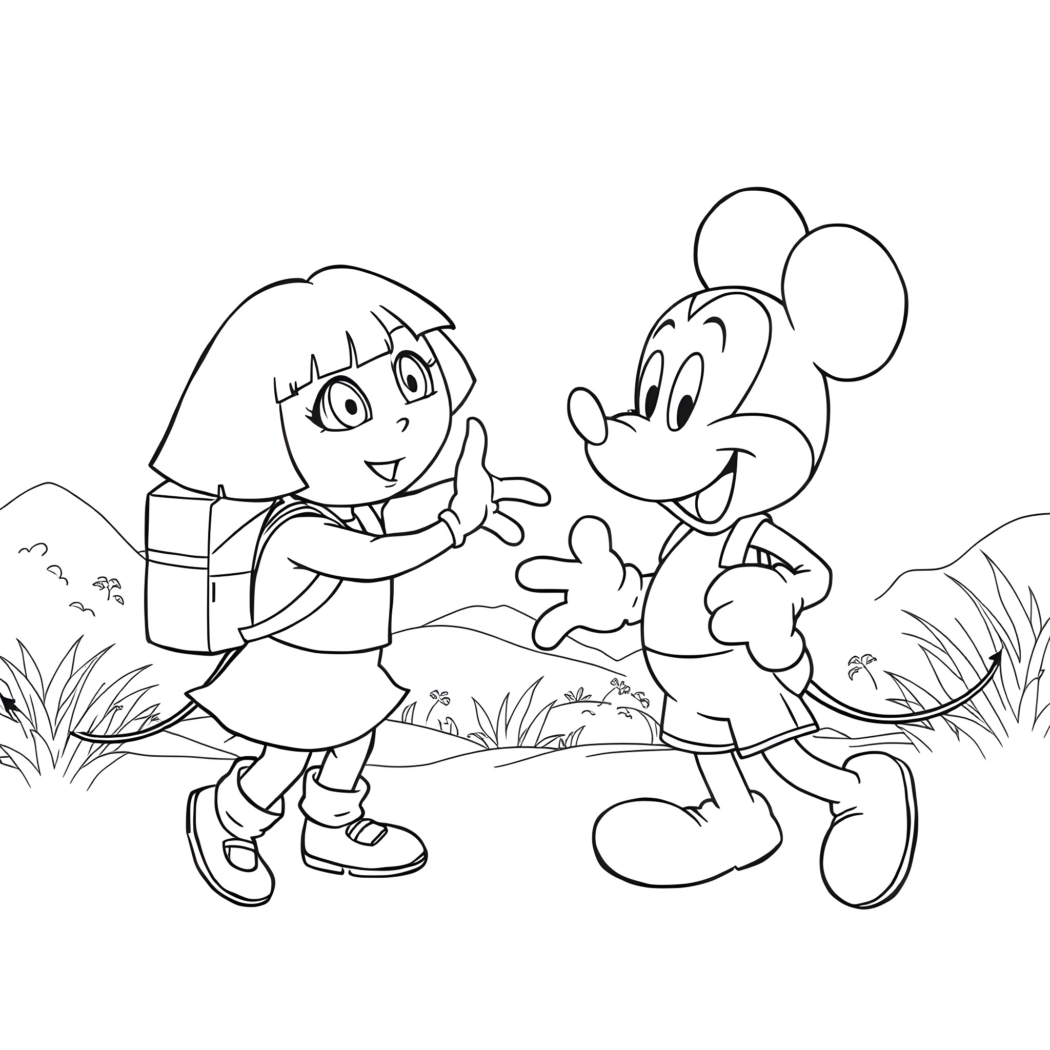 Dora exploring the outdoors with Mickey Mouse Coloring Page (free black-and-white line drawing printable PDF for all, from beginners to advanced learners, including children, teens, adults, and seniors)