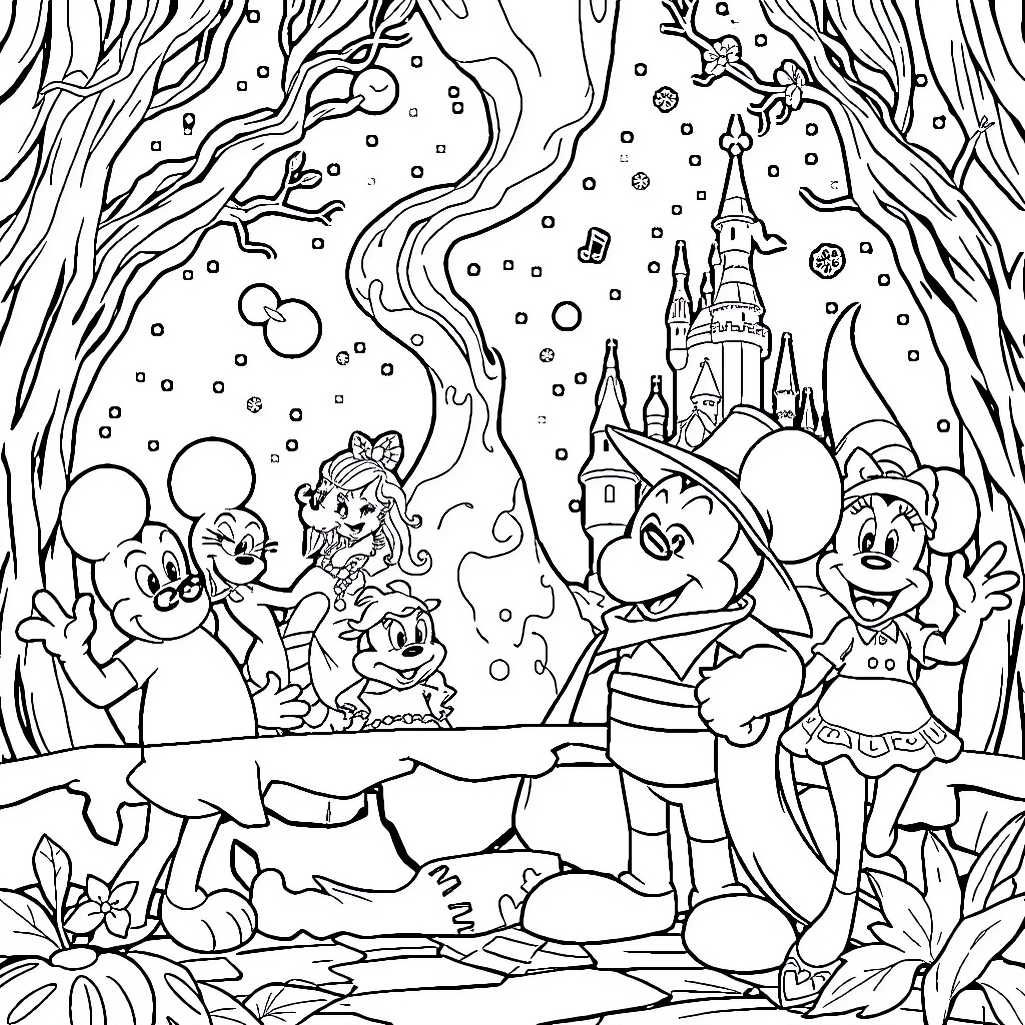 Disney Characters Enjoying a Snowy Winter Scene Coloring Page (free black-and-white line drawing printable PDF for all, from beginners to advanced learners, including children, teens, adults, and seniors)