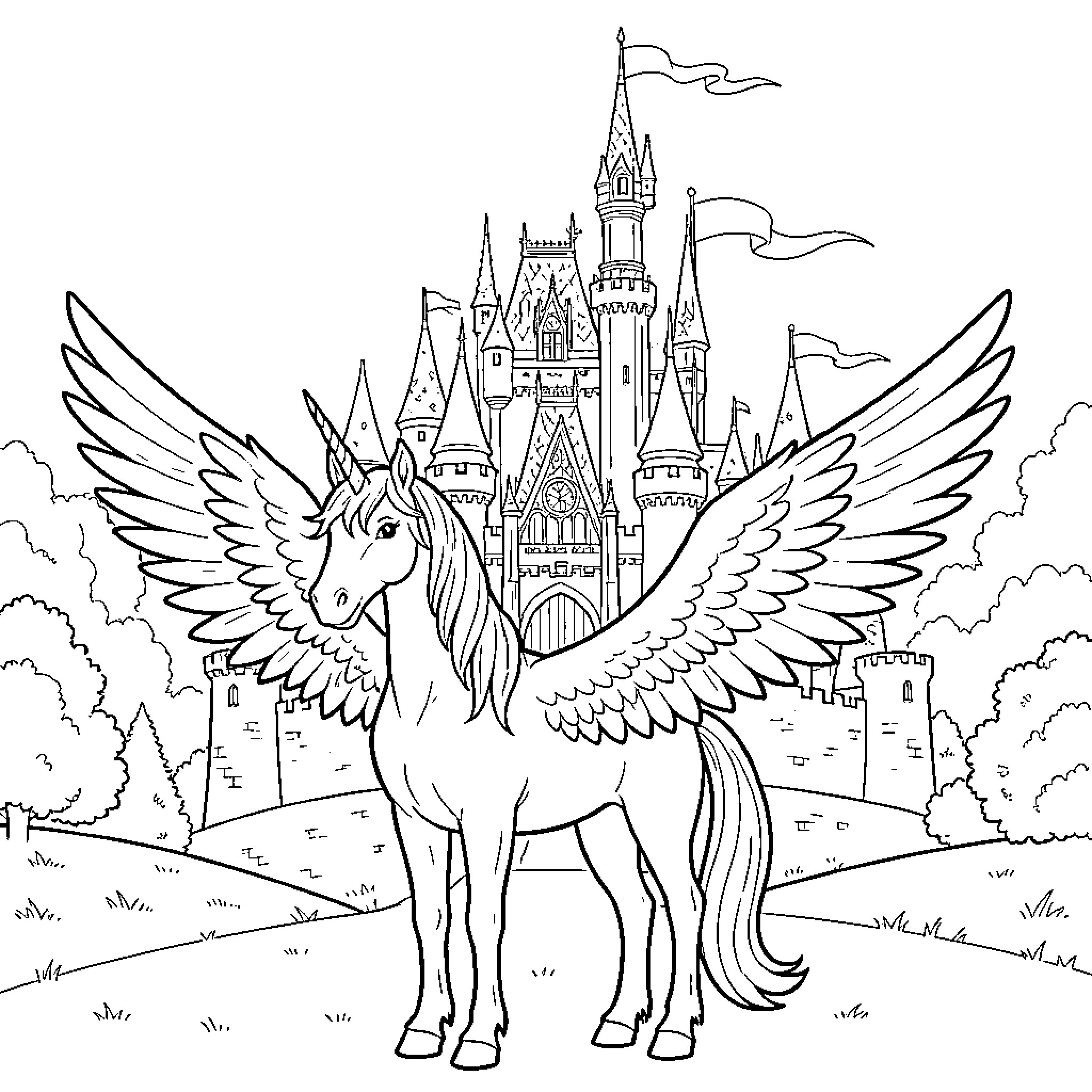 Unicorn standing guard over a magical castle Coloring Page (free black-and-white line drawing printable PDF for all, from beginners to advanced learners, including children, teens, adults, and seniors)