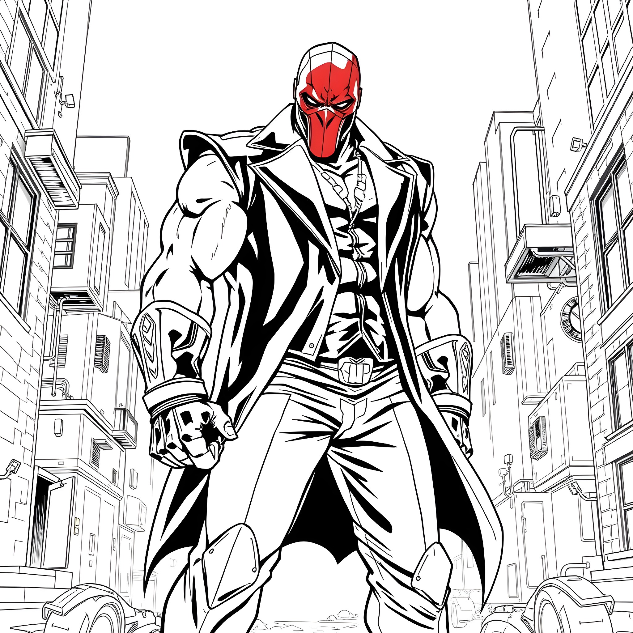 Bane's Menacing Presence in the City Coloring Page (free black-and-white line drawing printable PDF for all, from beginners to advanced learners, including children, teens, adults, and seniors)