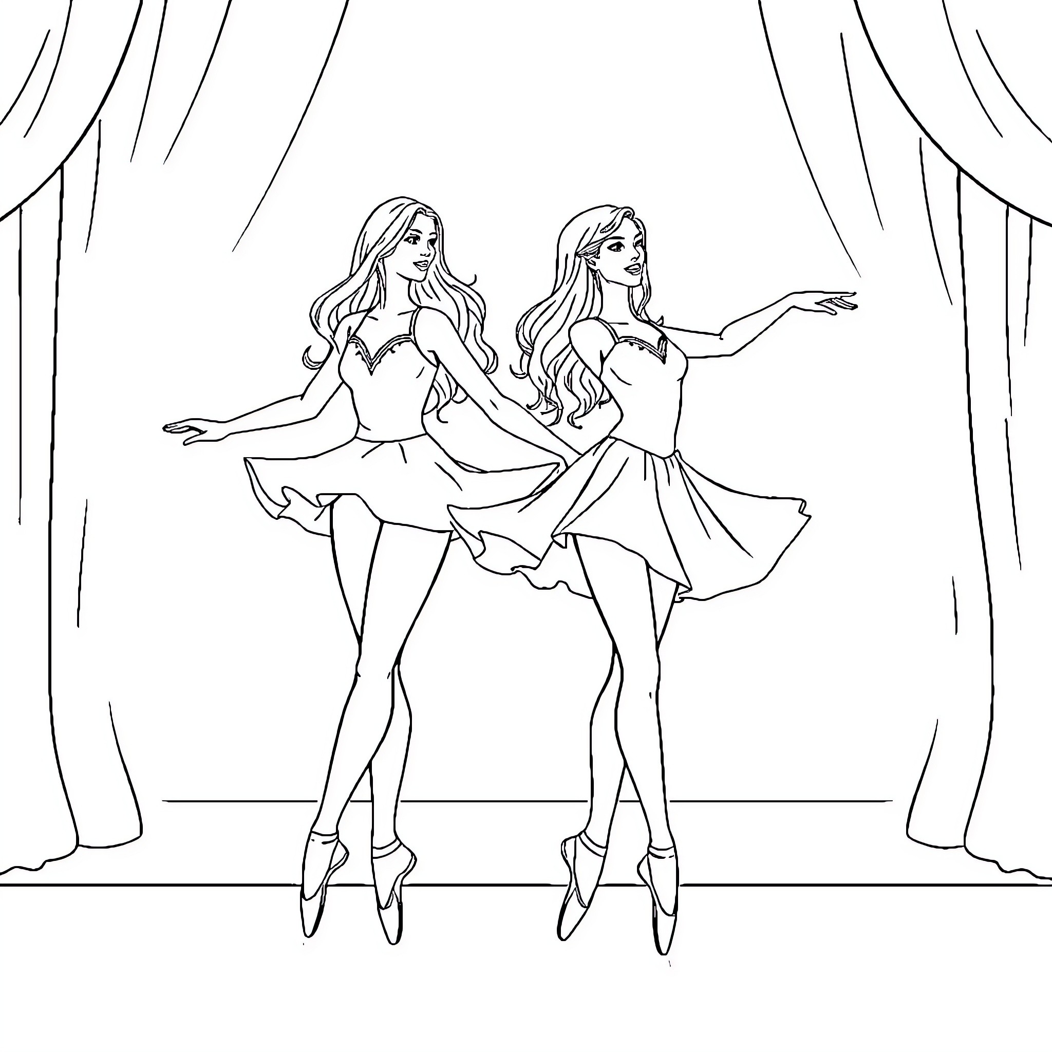 Ballerina dancers performing on stage Coloring Page (free black-and-white line drawing printable PDF for all, from beginners to advanced learners, including children, teens, adults, and seniors)