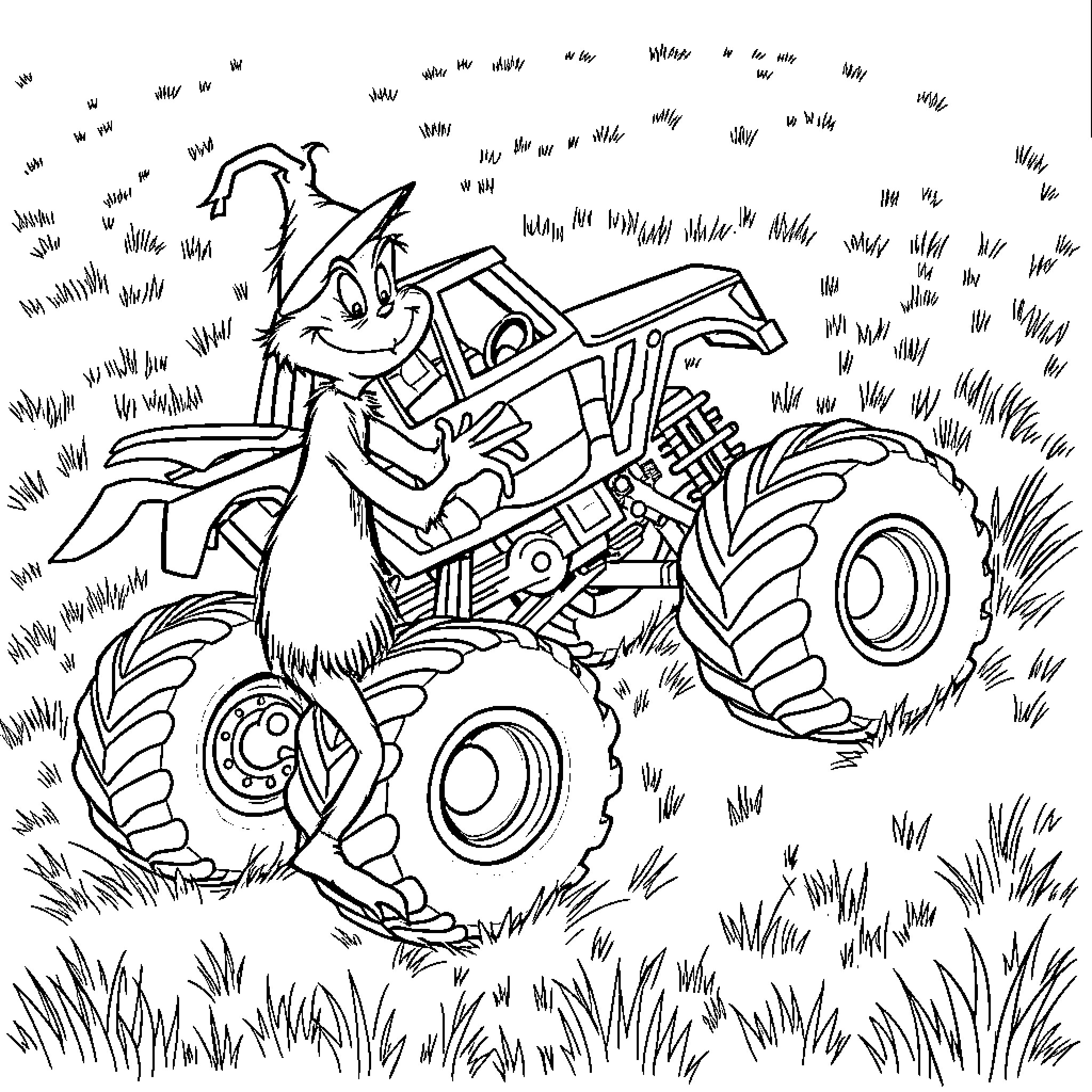Grinch riding a monstrous tractor in the countryside Coloring Page (free black-and-white line drawing printable PDF for all, from beginners to advanced learners, including children, teens, adults, and seniors)