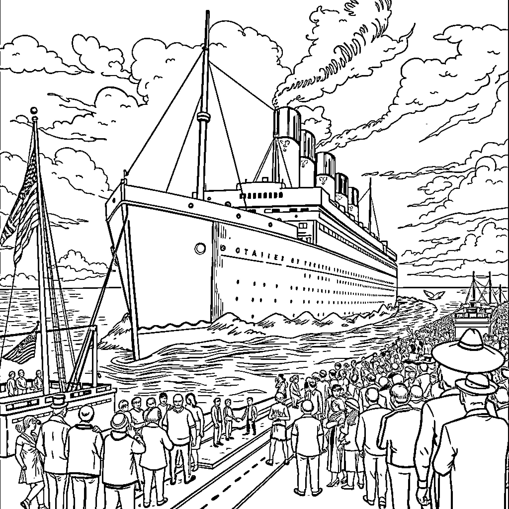 Titanic setting sail with crowd waving goodbye Coloring Page (free black-and-white line drawing printable PDF for all, from beginners to advanced learners, including children, teens, adults, and seniors)