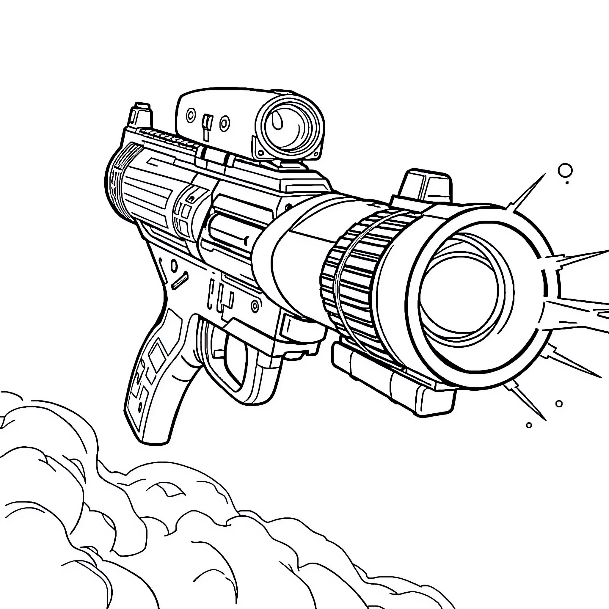 Armas: Futuristic weapon wielded by figure Coloring Page (free black-and-white line drawing printable PDF for all, from beginners to advanced learners, including children, teens, adults, and seniors)