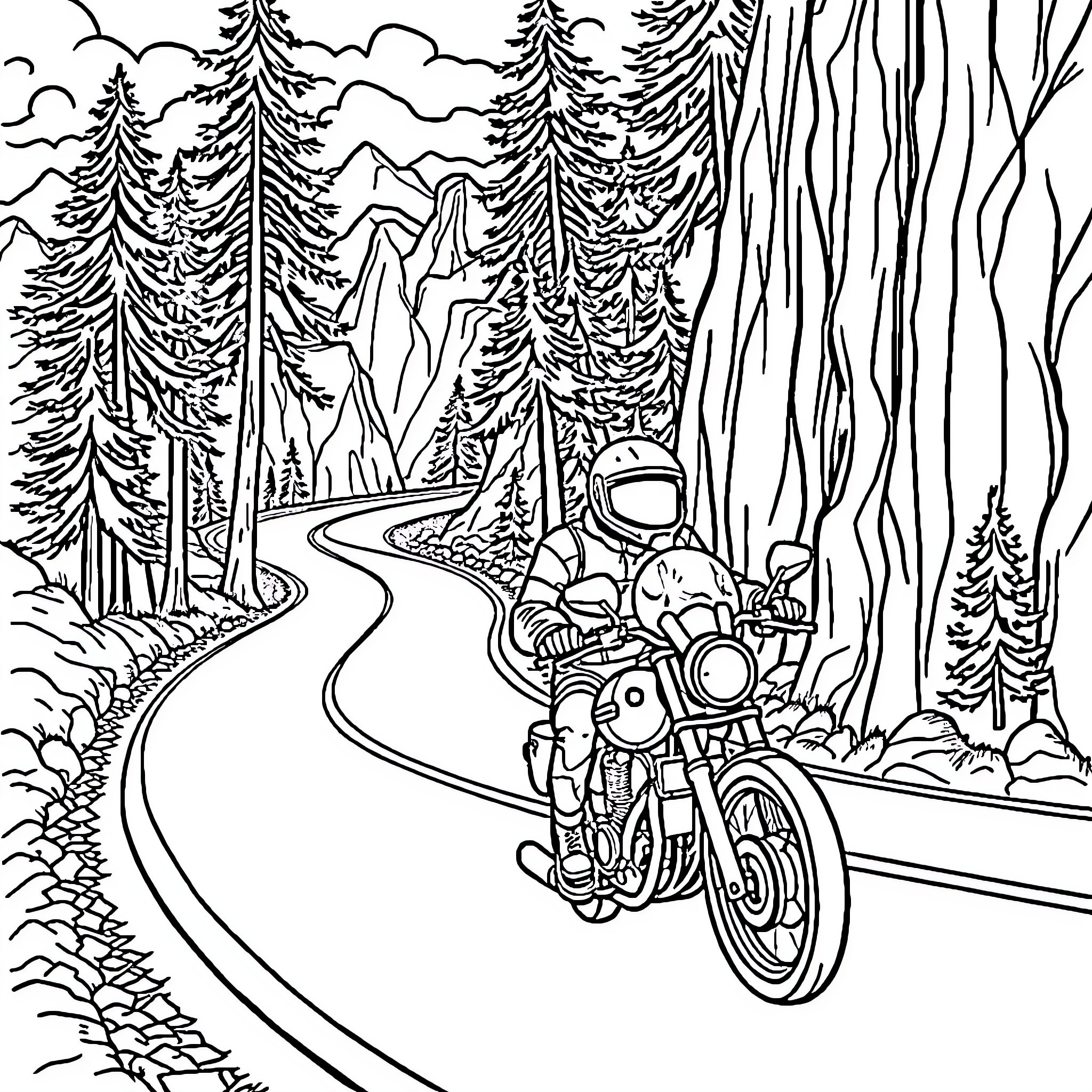 Giraffe riding motorcycle through forest Coloring Page (free black-and-white line drawing printable PDF for all, from beginners to advanced learners, including children, teens, adults, and seniors)